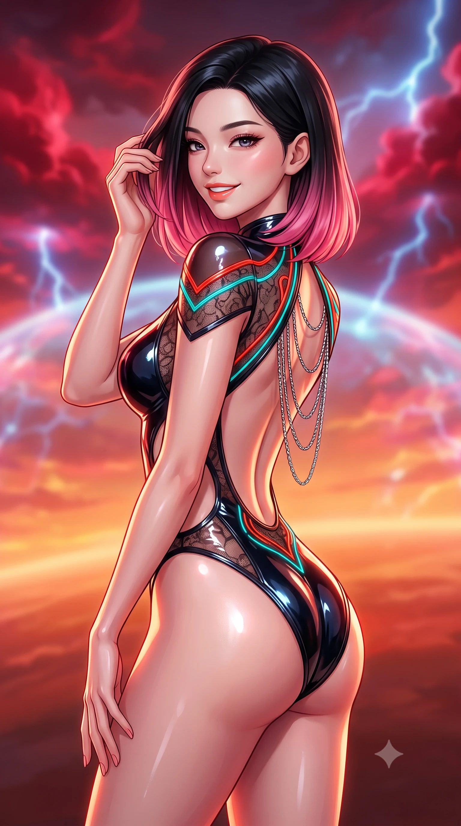 score_9, masterpiece, best quality, ultra-detailed, high-budget anime keyframe, semi-realistic 3D game render, editorial fashion photography, tasteful artistic composition, Korean woman. close-up cowboy shot from the waist and thighs up, the character dominates the composition, filling the frame with her large presence. gently brushing a lock of hair behind her ear while casting a playful, flirtatious side-gaze with long eyelashes while twisting her slender torso in an alluring S-curve, crimson storm clouds and blue lightning pulses painting dynamic highlights across her flat midriff and hips. The background shows a soft-focus plasma shield shimmer softened in gas giant aerostat sanctuary shallow focus. She has an exceptionally elegant, slender, and willowy female figure with an ultra-slim waist, flat toned midriff, narrow ribcage, and sculpted feminine hips creating an alluring, slim hourglass silhouette without bulk. sharp v-shaped jawline, high-bridge nose, intricate jewel-like sparkling eyes with depth, thick eyelashes, glossy parted lips with a natural peach sheen, bright cheerful beaming smile with an enchanting and coquettish sensual glint, exuding both youthful cute charm and seductive allure, flawlessly proportioned anatomical accuracy, strict slender model proportions, natural body alignment, perfectly sculpted long slender limbs, ultra-slim waistline, clean dynamic posture without body distortion. wearing an alluring backless sheer lace leotard with high-cut leg openings and delicate fiber-optic embroidery framing her spine in cyber-shinto vermilion and electric teal, tailored from high-gloss patent leather with mirror-like specular highlights, accented with an open-back drape framed by falling strands of delicate chrome chains, the precision-cut side openings and low-back scoop framing her graceful spine and the sensual sweep of her slim, toned hips. bathed in rich amber and vermilion planetary atmospheric glow contrasted with sharp intermittent electric-blue lightning flashes. highly saturated vibrant anime colors, detailed shading with soft gradients, rich glossy textures, high-contrast stereoscopic depth, volumetric dynamic lighting, master piece, 9:16 ratio