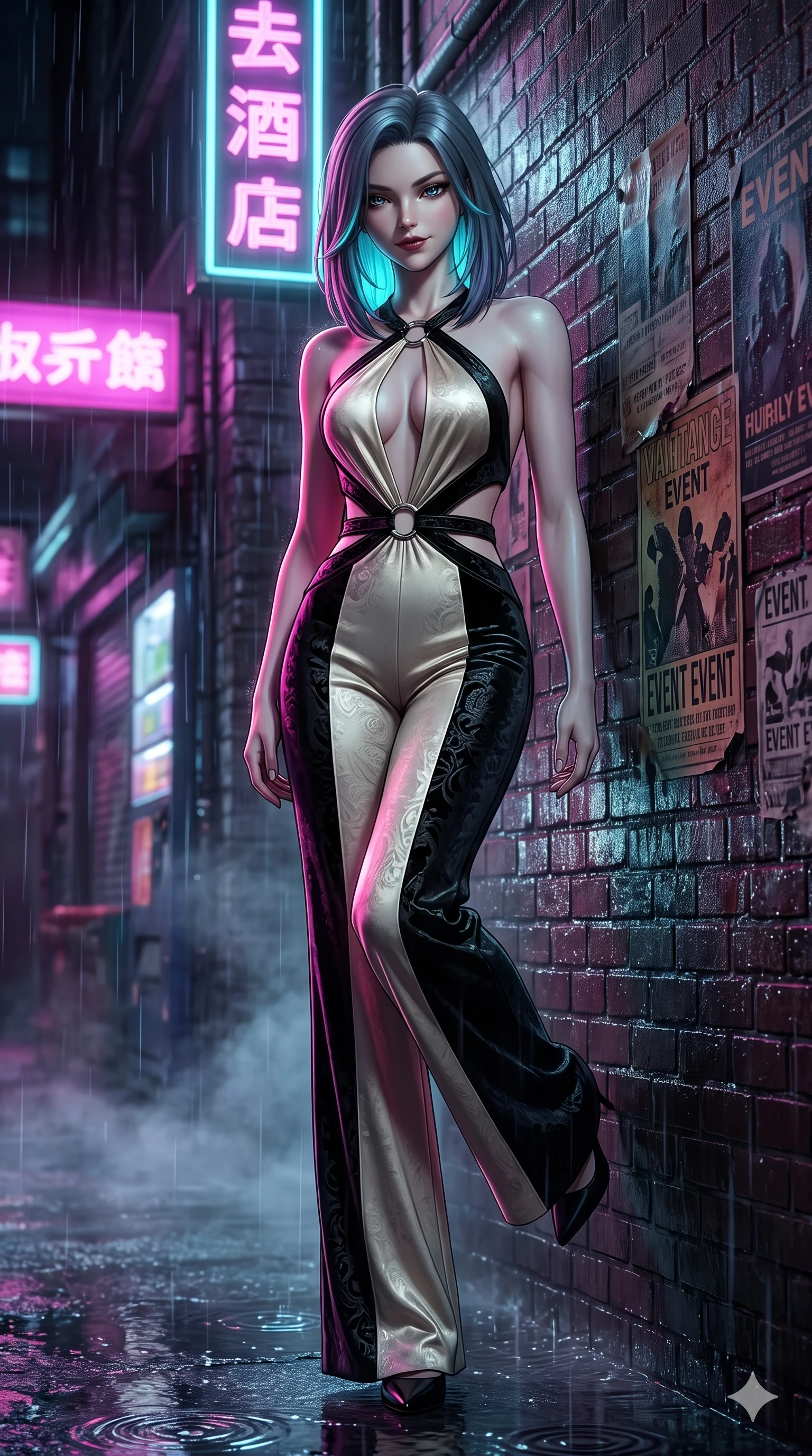 score_9, masterpiece, best quality, ultra-detailed, high-budget anime keyframe, semi-realistic 3D game render, editorial fashion photography, tasteful artistic composition, Caucasian woman. low angle full-body shot from head to toe showing her feet, filling the entire 9:16 vertical frame with her statuesque presence, stretching her vertical silhouette. stepping forward into the rain-streaked neon light, head tilted slightly as her smoldering gaze captivates the lens while leaning against the rain-soaked brick wall beneath glowing neon kanji signs, one knee bent as her smoldering gaze holds the camera. The surrounding environment is rendered in vivid detail and crisp panoramic clarity: sharp wet brick texture, peeling vintage event posters, and puddle splash ripples in deep focus. She has an exceptionally tall and slender model-like 8.5-heads proportion, an ultra-slim waist, a flat toned midriff, narrow delicate ribcage, and beautifully sculpted feminine hips creating a graceful, slim hourglass silhouette without any bulky heaviness, with impossibly long slender legs. sharp v-shaped jawline, high-bridge nose, intricate jewel-like dark sparkling eyes with dangerous depth, thick curled eyelashes, glossy parted lips with a rich wine sheen, smoldering seductive half-smile with bedroom-eyes, exuding effortless superiority and intoxicating dark allure, flawlessly proportioned anatomical accuracy, strict slender model proportions, natural body alignment, perfectly sculpted long slender limbs, ultra-slim waistline, clean dynamic posture without body distortion. wearing a plunge-front tailored velvet halter jumpsuit with wide fluid legs and backless scoop in celestial champagne ivory and high-gloss jet black, tailored from rich silk jacquard with subtle embossed baroque patterns, accented with sculptural chrome hardware rings framing the subtle cutouts, the glove-like silhouette tightly following the natural contour of her hips and long slender legs with youthful 8.5-heads elegance. illuminated by steam-lit ground bounce and sharp fuchsia-cyan rim lights defining her razor-sharp jawline, narrow waist, and curvy hips. highly saturated vibrant anime colors, detailed shading with soft gradients, rich glossy textures, high-contrast stereoscopic depth, volumetric dynamic lighting, master piece, 9:16 ratio