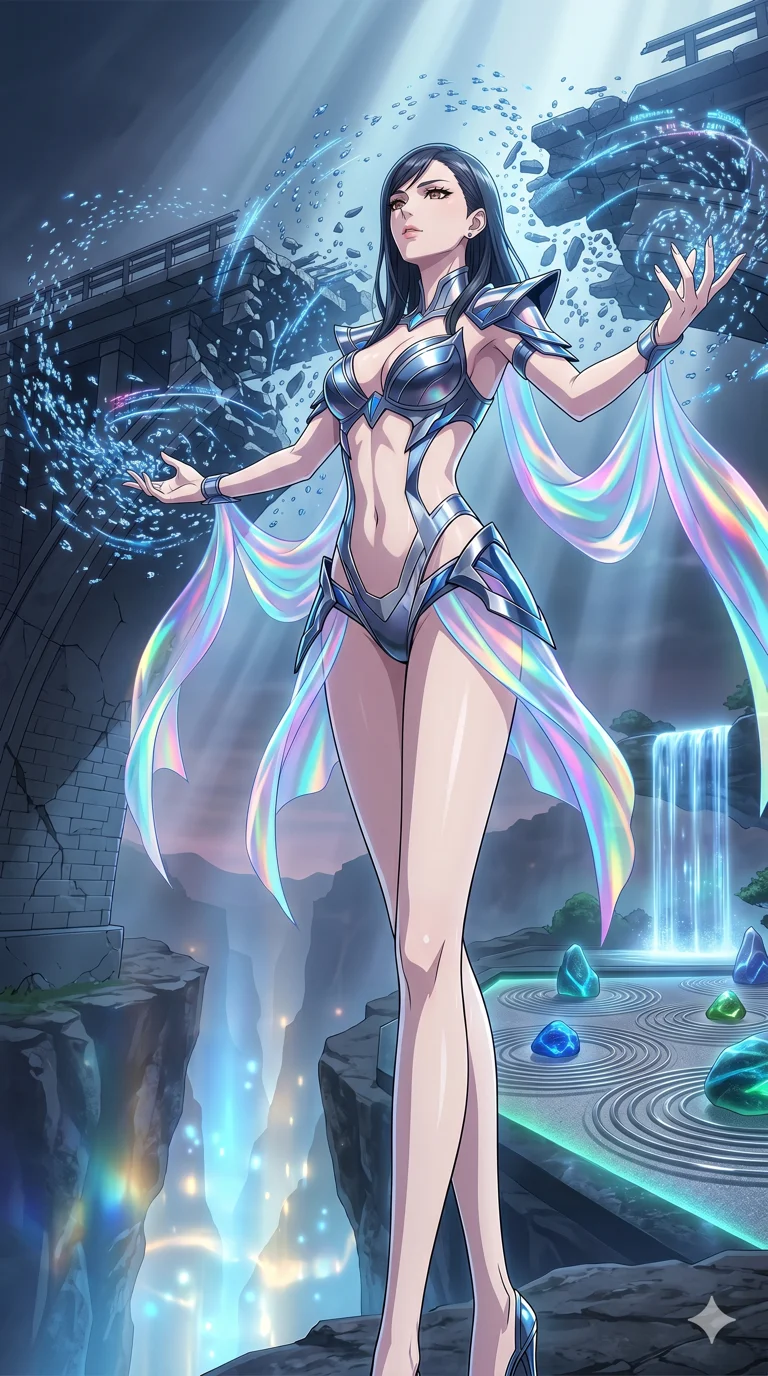 score_9, masterpiece, best quality, ultra-detailed, High-budget Anime Keyframe, vibrant colors, fluid line-art, expressive lighting, cinematic composition, Ufotable-style visual effects, top-tier animation quality, Japanese woman with delicate and elegant anime-inspired features. Low angle cowboy shot filling the entire 9:16 frame with her statuesque presence, looking up to emphasize her height. Orchestrating a storm of trillions of nanobots to repair a massive broken bridge over a canyon of light. She has an absolutely perfect 8-heads proportion, an exceptionally tall and slender female figure with impossibly long slender legs and an ultra-slim waist, her statuesque height and towering silhouette dominating the vertical 9:16 frame. Her face is a masterpiece featuring a sharp v-shaped jawline, high-bridge nose, intricate jewel-like eyes with depth, thick eyelashes, and glossy lips with a natural sheen. She is wearing a Metallic armor-bikini with sharp, aggressive edges and integrated energy-shield generators crafted from Holographic chiffon that changes color with every movement, creating a rainbow effect, featuring strategic side cut-outs that emphasize her ultra-slim waist and hips. The scene is set in a serene Zen garden with metallic sand, glowing stones, and a holographic waterfall, illuminated by volumetric light beams cutting through a hazy atmosphere, creating a sense of depth. 2k, ultra detail, master piece, 9:16 ratio