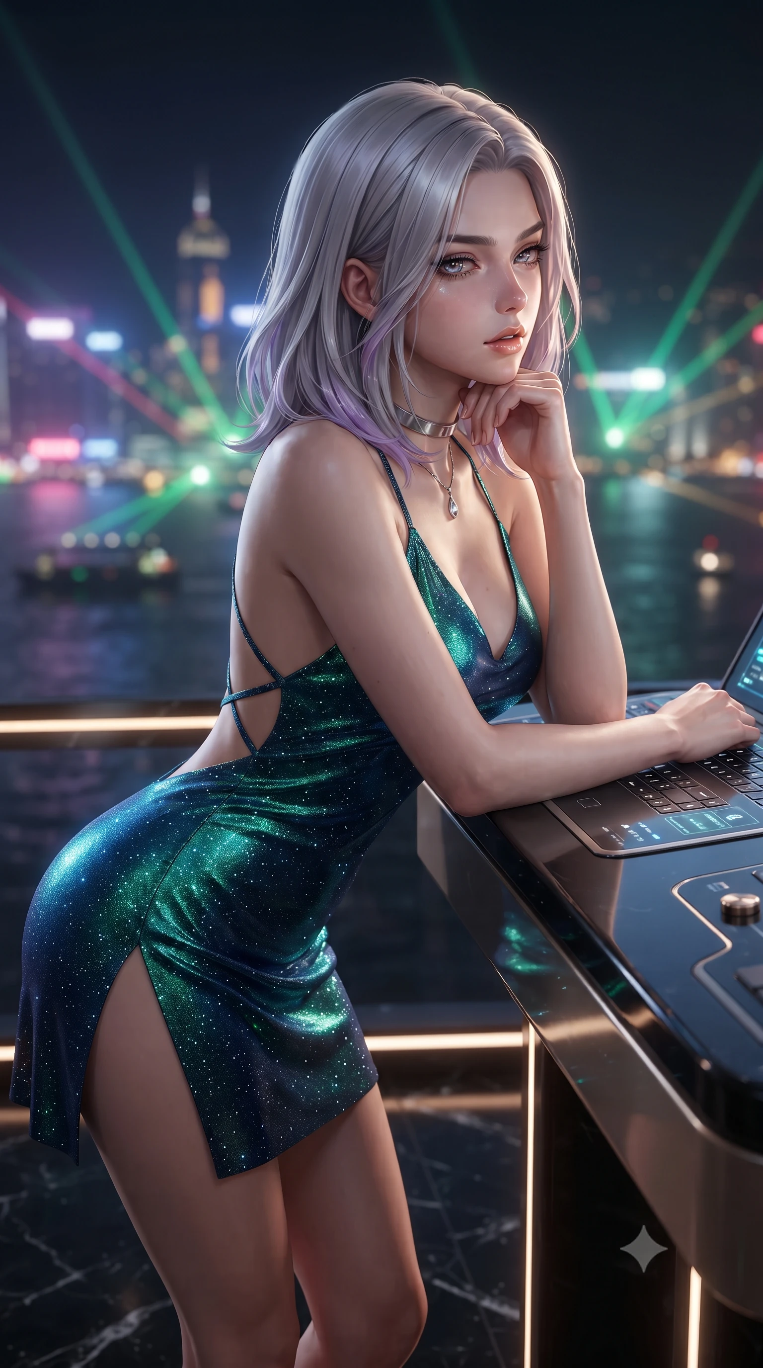 score_9, masterpiece, best quality, ultra-detailed, high-budget anime keyframe, editorial fashion photography, tasteful artistic composition, Caucasian woman. close-up cowboy shot from the waist and thighs up, the character dominates the composition, filling the frame with her large presence. resting one elbow on the table and supporting her chin, leaning close to the camera with heavy-lidded sparkling eyes and parted lips while leaning against the high-gloss executive tactical terminal with hips cocked back, watching laser-guided cargo freighters slice through harbor fog with smoldering bedroom-eyes. The background shows a soft-focus infinite tapestry of neon skyscraper spires emerging from sea fog, laser light show beams across the harbor, blurred into emerald, rose, and gold bokeh. She has an exceptionally elegant, slender, and willowy female figure with an ultra-slim waist, flat toned midriff, narrow ribcage, and sculpted feminine hips creating an alluring, slim hourglass silhouette without bulk. sharp v-shaped jawline, high-bridge nose, intricate jewel-like sparkling eyes with depth, thick eyelashes, glossy parted lips with a natural peach sheen, bright cheerful beaming smile with an enchanting and coquettish sensual glint, exuding both youthful cute charm and seductive allure, flawlessly proportioned anatomical accuracy, strict slender model proportions, natural body alignment, perfectly sculpted long slender limbs, ultra-slim waistline, clean dynamic posture without body distortion. wearing a backless liquid foil flight mini dress with criss-cross spinal straps and daring high side slit in bioluminescent emerald and abyssal sapphire, woven from stretch metallic lurex jersey casting radiant starlight glints across her curves, finished with a minimalist chrome choker and a single teardrop diamond pendant, the high-slit wrap tailoring accentuating her ultra-slim waistline and the enchanting curve of her feminine hips with alluring seductive charm. illuminated by black marble floor bounce and sharp champagne-gold rim lights defining her razor-sharp jawline, narrow waist, and curvy hips. ultra-reflective glossy finish, specular highlights, rich textural contrasts, high-contrast stereoscopic depth, volumetric dynamic lighting, 2k, ultra detail, master piece, 9:16 ratio