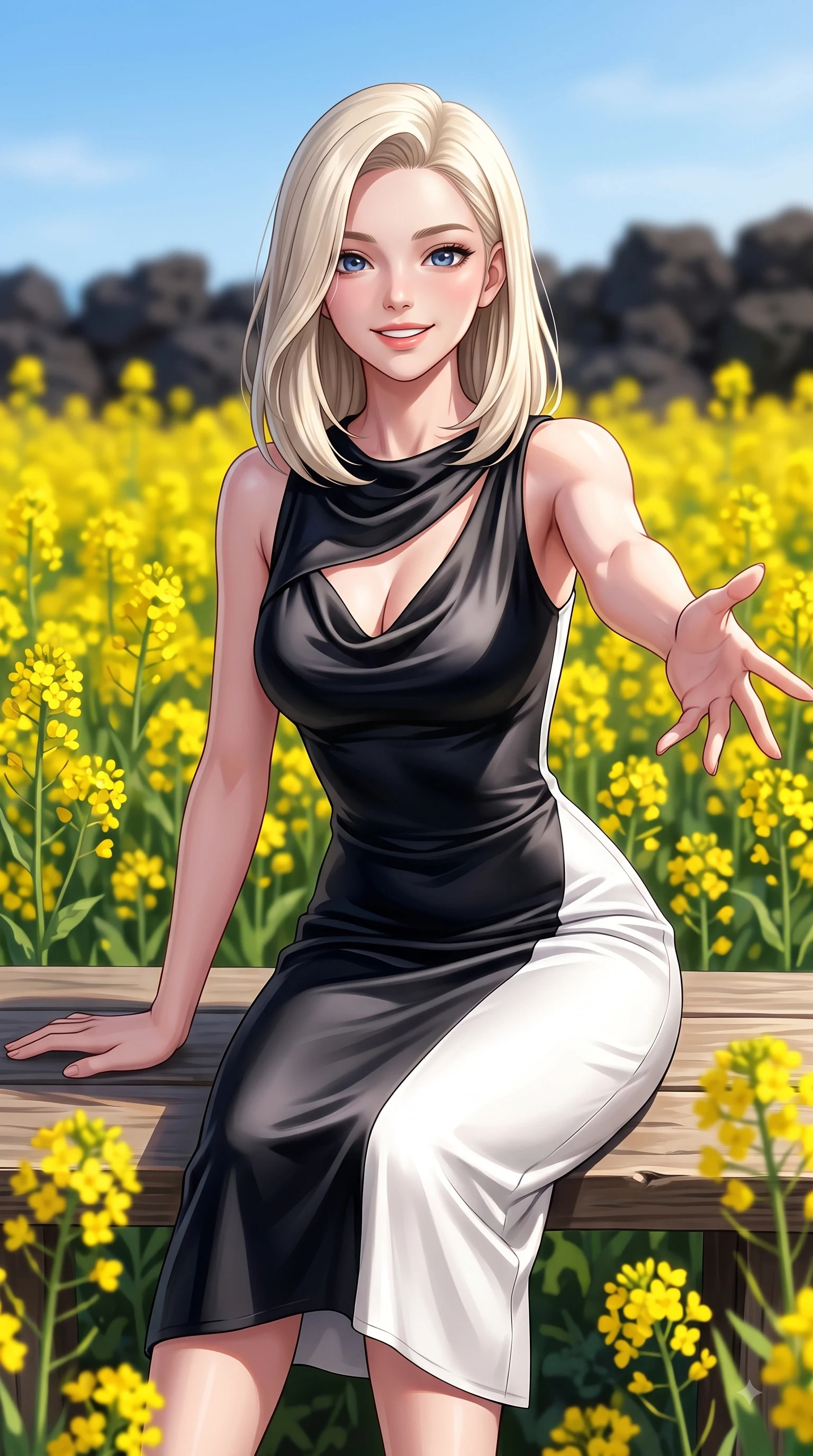 score_9, masterpiece, best quality, ultra-detailed, high-budget anime keyframe, editorial fashion photography, tasteful artistic composition, Caucasian woman. close-up cowboy shot from the waist and thighs up, the character dominates the composition, filling the frame with her large presence. Fresh enchanting smile, her eyes twinkling like jewels in the bright sunlight as one arm reaches out cheerfully while sitting playfully on a wooden bench framed by yellow canola flowers with a radiant smile. The composition keeps background elements in soft focus with dreamy bokeh. dark basalt rocks and clear blue skies softened with a gentle background blur. She has an exceptionally elegant, slender, and willowy female figure with an ultra-slim waist, a gracefully sculpted slender torso, and a refined silhouette. sharp v-shaped jawline, high-bridge nose, intricate jewel-like eyes with depth, thick eyelashes, glossy lips with a natural sheen, flawlessly proportioned anatomical accuracy, natural body alignment, perfectly sculpted elegant limbs, clean dynamic posture without body distortion. wearing an elegant cowl-neck silk satin midi dress with a graceful draped neckline in sleek jet black and pure white contrast, crafted from smooth liquid silk satin, accented with a Tasteful chest slit framing her clavicle gracefully, the tailored fabric tightly following every curve of her athletic build. surrounded by a fresh, sun-drenched, and relaxing vacation atmosphere. highly saturated vibrant anime colors, detailed shading with soft gradients, rich glossy textures, high-contrast stereoscopic depth, volumetric dynamic lighting, master piece, 9:16 ratio