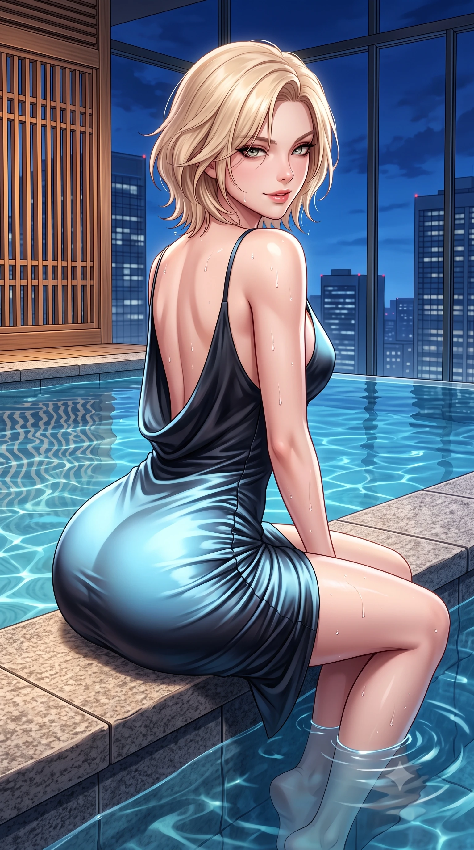 score_9, masterpiece, best quality, ultra-detailed, high-budget anime keyframe, semi-realistic 3D game render, editorial fashion photography, tasteful artistic composition, Caucasian woman. close-up cowboy shot from the waist and thighs up, the character dominates the composition, filling the frame with her large presence. turning over a bare shoulder with an intoxicating, teasing smile, her soft hair framing her sharp jawline as her hips angle gracefully while sitting on the stone infinity pool edge with legs dipped in water, turning her upper body in an alluring S-curve toward the camera. The surrounding environment is rendered in vivid detail and crisp panoramic clarity. detailed mineral pool ripple caustics, cedar lattice work, and city skyscraper windows in high clarity. She has an exceptionally elegant, slender, and willowy female figure with an ultra-slim waist, a gracefully sculpted slender torso, toned flat midriff, and rounded feminine hips creating an alluring hourglass silhouette. sharp v-shaped jawline, high-bridge nose, intricate jewel-like eyes with depth, thick eyelashes, glossy parted lips with a natural sheen, intensely captivating and seductive bedroom-eyes expression, flawlessly proportioned anatomical accuracy, strict slender model proportions, natural body alignment, perfectly sculpted long slender limbs, ultra-slim waistline, clean dynamic posture without body distortion. wearing a form-contouring liquid satin slip dress with a deep cowl back and hip-defining ruching in dark ink-wash black and radiant moonlight cyan, tailored from smooth liquid silk satin adhering seamlessly to her wet skin, accented with water droplets glistening on her bare collarbones and hips, the liquid-tight tailored fabric clinging flawlessly to her narrow waist and rounded feminine hips, emphasizing every millimeter of her sculpted hourglass curves during movement. surrounded by an intimate, tranquil, and deeply sensual Japanese skylounge muse aura. highly saturated vibrant anime colors, detailed shading with soft gradients, rich glossy textures, high-contrast stereoscopic depth, volumetric dynamic lighting, master piece, 9:16 ratio