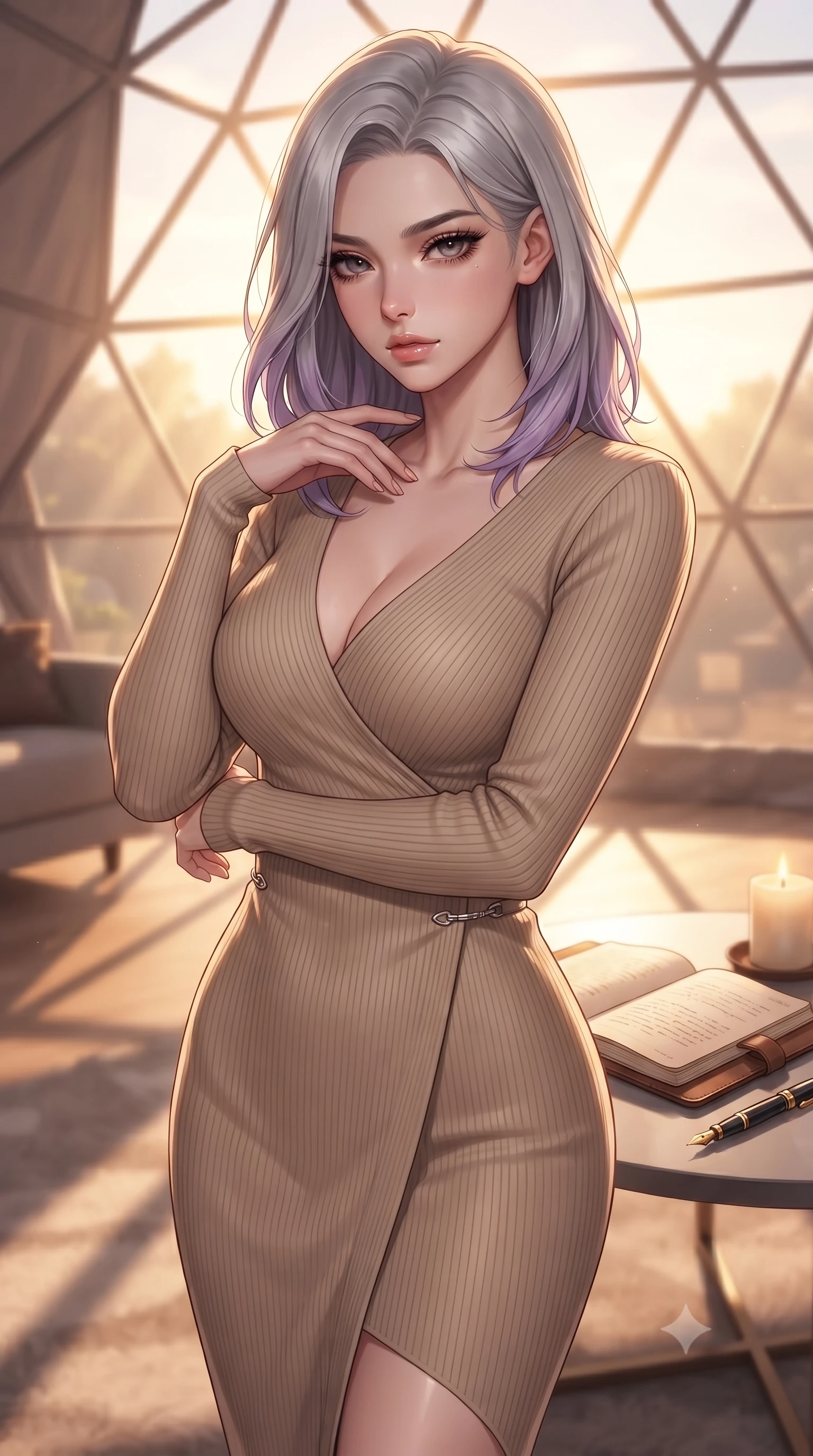 score_9, masterpiece, best quality, ultra-detailed, high-budget anime keyframe, editorial fashion photography, tasteful artistic composition, Caucasian woman. close-up cowboy shot from the waist and thighs up, the character dominates the composition, filling the frame with her large presence, background elements kept in soft focus. gently tracing her fingertips along her bare collarbone, casting a sultry gaze beneath long dark eyelashes set against a soft-focus background of inside an exclusive geodesic dome with an open leather journal and a gold fountain pen sitting next to a candle. She has an exceptionally elegant, slender, and willowy female figure with an ultra-slim waist, a gracefully sculpted slender torso, and a refined silhouette. sharp v-shaped jawline, high-bridge nose, intricate jewel-like eyes with depth, thick eyelashes, glossy lips with a natural sheen. wearing body-hugging warm beige ribbed cashmere sleek long-sleeve silk wrap dress contouring her ultra-slim waist elegantly accented with delicate silver hardware. bathed in warm golden hour sunbeams that cast long, romantic shadows across the floor. highly saturated vibrant anime colors, detailed shading with soft gradients, rich glossy textures, high-contrast stereoscopic depth, volumetric dynamic lighting, master piece, 9:16 ratio