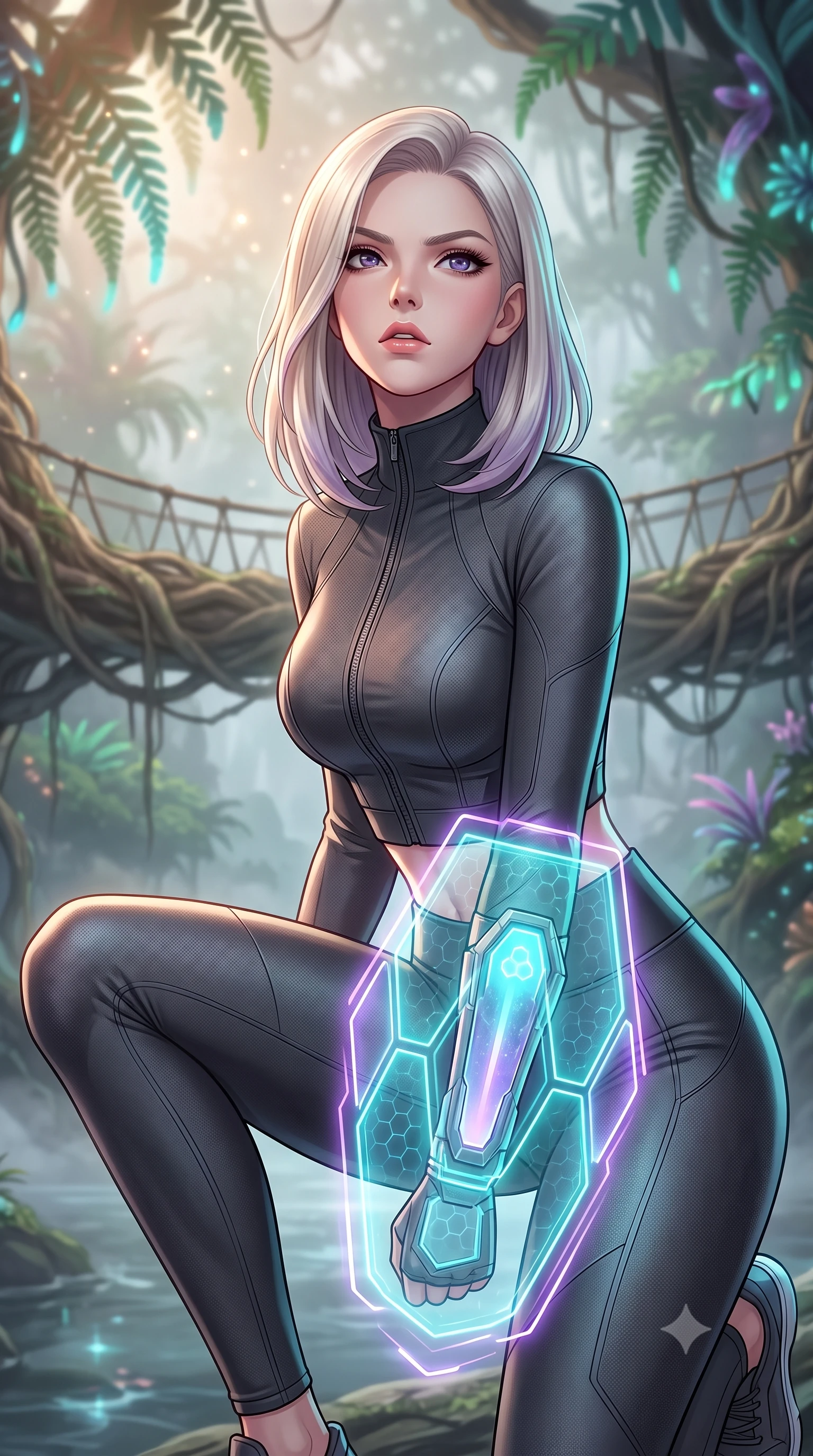 score_9, masterpiece, best quality, ultra-detailed, high-budget anime keyframe, editorial fashion photography, tasteful artistic composition, Caucasian woman. close-up cowboy shot from the waist and thighs up, the character dominates the composition, filling the frame with her large presence, background elements kept in soft focus. crouching slightly behind a glowing holographic shield emitter, looking up with defiance and lips slightly parted, the background shows a soft-focus a banyan tree bridge overlooking a misty river with bio-engineered ferns. She has an exceptionally elegant, slender, and willowy female figure with an ultra-slim waist, a gracefully sculpted slender torso, and a refined silhouette. sharp v-shaped jawline, high-bridge nose, intricate jewel-like eyes with depth, thick eyelashes, glossy lips with a natural sheen. wearing a body-hugging body-hugging high-neck activewear set of a tailored zip-up long-sleeve crop top and matching leggings in carbon-grey. soft morning mist diffusing the warm starlight, creating a tranquil atmosphere. highly saturated vibrant anime colors, detailed shading with soft gradients, rich glossy textures, high-contrast stereoscopic depth, volumetric dynamic lighting, master piece, 9:16 ratio
