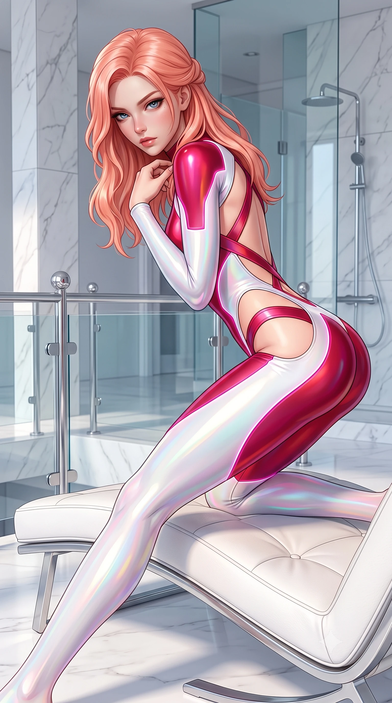 score_9, masterpiece, best quality, ultra-detailed, high-budget anime keyframe, semi-realistic 3D game render, editorial fashion photography, tasteful artistic composition, Japanese woman. close-up cowboy shot from the waist and thighs up, the character dominates the composition, filling the frame with her large presence. leaning forward with a dangerous, enticing smolder, resting one hand near her collarbone while casting a fiery, magnetic direct gaze while stretching her long slender legs along a low white leather lounger as natural daylight floods the interior. The surrounding environment is rendered in vivid detail and crisp panoramic clarity. crisp architectural white marble seams, polished chrome fixtures, and crystal glass railings in deep focus. She has an exceptionally elegant, slender, and willowy female figure with an ultra-slim waist, a gracefully sculpted slender torso, toned flat midriff, and a refined slim silhouette. sharp v-shaped jawline, high-bridge nose, intricate jewel-like eyes with depth, thick eyelashes, glossy lips with a natural sheen, flawlessly proportioned anatomical accuracy, strict slender model proportions, natural body alignment, perfectly sculpted long slender limbs, ultra-slim waistline, clean dynamic posture without body distortion. wearing a skin-tight cybernetic bodysuit with glowing neon seams, deep hip cutouts, and an aerodynamic athletic fit in radiant crimson silk and crisp snow white, made of smooth iridescent silk chiffon that shifts colors with movement, complemented by criss-cross back straps highlighting her completely bare spine, the liquid-tight tailored fabric emphasizing every curve of her tall, slender model proportions and sculptured silhouette during dynamic movement. illuminated by crisp white studio key light with specular chrome and marble reflections. highly saturated vibrant anime colors, detailed shading with soft gradients, rich glossy textures, high-contrast stereoscopic depth, volumetric dynamic lighting, master piece, 9:16 ratio