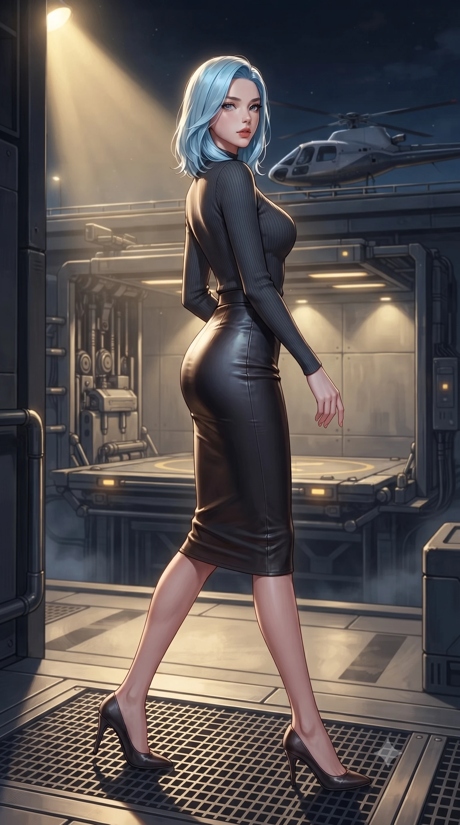 score_9, masterpiece, best quality, ultra-detailed, high-budget anime keyframe, editorial fashion photography, tasteful artistic composition, Korean woman. low angle full-body shot from head to toe showing her feet, filling the entire 9:16 vertical frame with her statuesque presence, stretching her vertical silhouette. stepping gracefully while looking back over her shoulder, her dress draped tightly to reveal her silhouette the background shows a soft-focus a futuristic vehicle elevator transporting a helicopter to a rooftop runway. She has an absolutely perfect, statuesque 8.5-heads proportion, an exceptionally tall and slender model-like female figure with impossibly long slender legs and an ultra-slim waist. sharp v-shaped jawline, high-bridge nose, intricate jewel-like eyes with depth, thick eyelashes, glossy lips with a natural sheen. wearing a slim-fit body-hugging knit top in charcoal grey, paired with a tight-fitting leather midi skirt. harsh sodium yellow spotlights casting long dramatic industrial shadows. ultra-reflective glossy finish, specular highlights, metallic sheen, high-contrast stereoscopic depth, volumetric dynamic lighting, 2k, ultra detail, master piece, 9:16 ratio