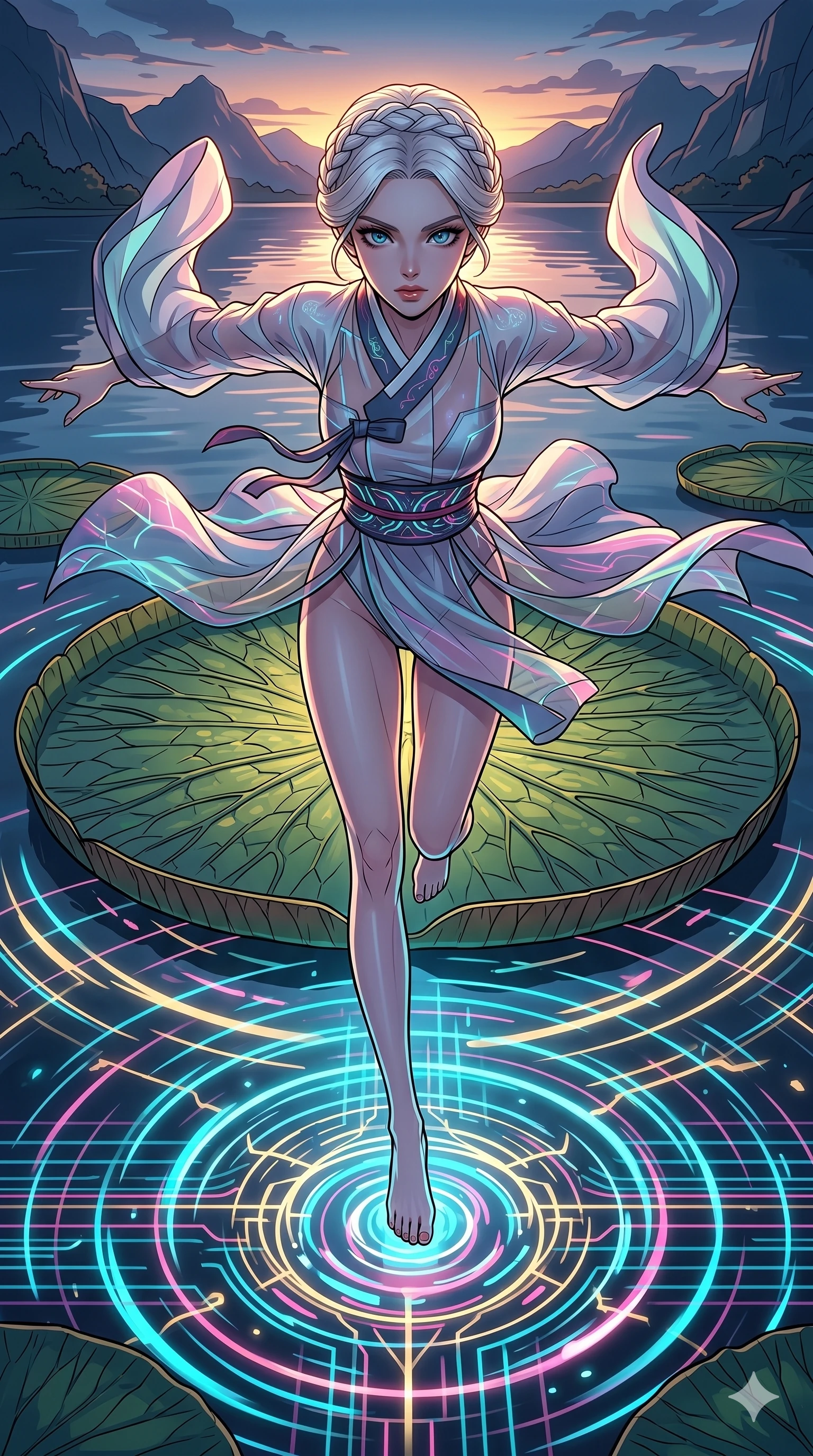 score_9, masterpiece, best quality, ultra-detailed, high-budget anime movie keyframe, cinematic anime lighting, intricate line art, Caucasian (strictly human ears) woman. Extreme high angle shot as she leaps towards the camera, filling the frame. dancing on a giant lily pad as ripples of light spread across the lake. She has an absolutely perfect 8-heads proportion, an exceptionally tall and slender female figure with an ultra-slim waist and impossibly long slender legs. strictly human anatomy, two legs only, no extra limbs, clearly defined legs and arms, perfect anatomy, perfect hands and fingers. sharp v-shaped jawline, high-bridge nose, intricate jewel-like eyes, thick eyelashes, glossy lips. Wearing Modern Traditional: Shortened cyber-hanbok with fusion silk robes and transparent panels. The scene is illuminated by dramatic atmospheric lighting and vibrant color palettes. , 2k, ultra detail, master piece, 9:16 ratio