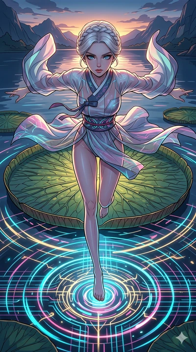 score_9, masterpiece, best quality, ultra-detailed, high-budget anime movie keyframe, cinematic anime lighting, intricate line art, Caucasian (strictly human ears) woman. Extreme high angle shot as she leaps towards the camera, filling the frame. dan