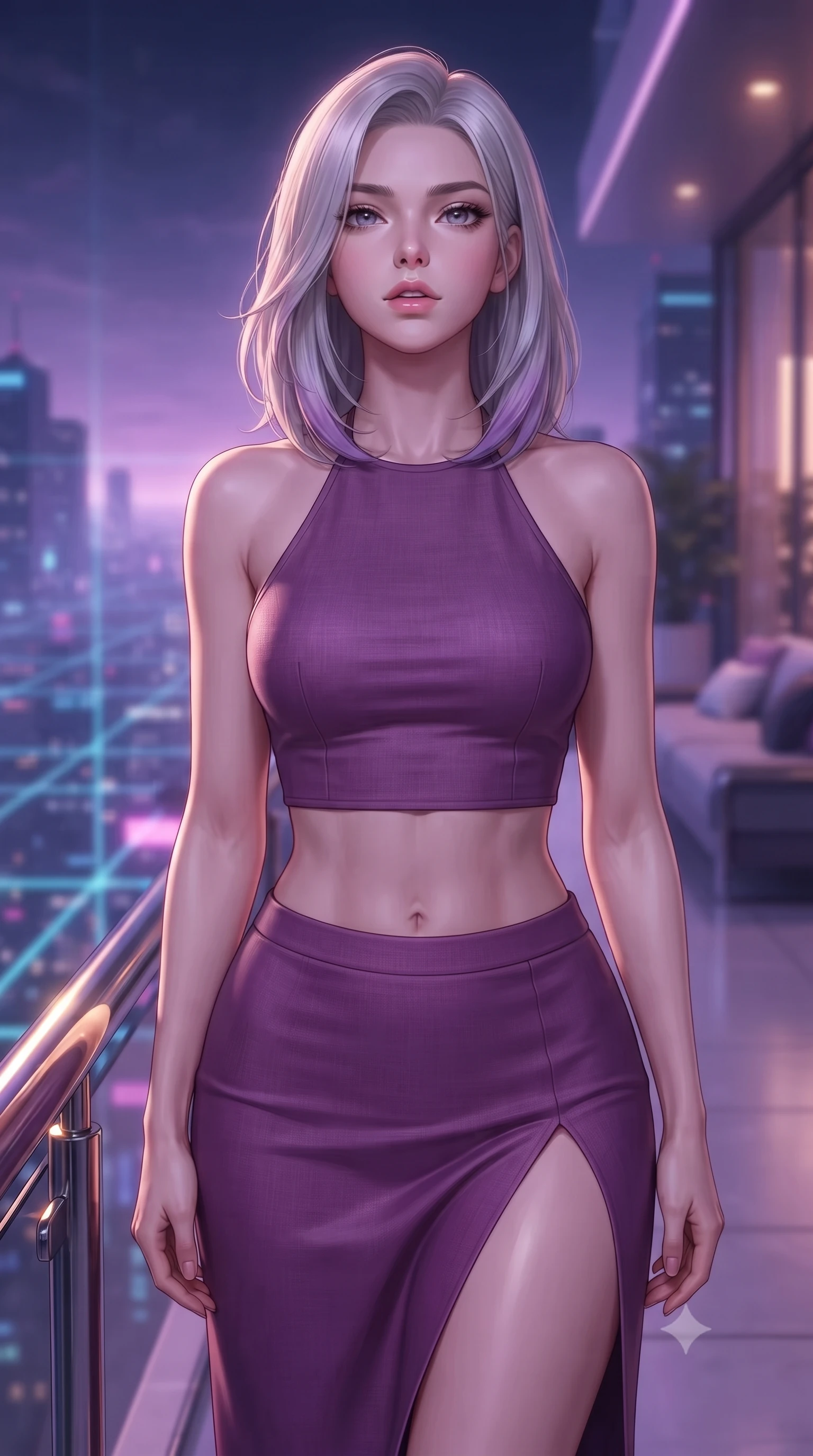 score_9, masterpiece, best quality, ultra-detailed, high-budget anime keyframe, editorial fashion photography, tasteful artistic composition, Caucasian woman. close-up cowboy shot from the waist and thighs up, the character dominates the composition, filling the frame with her large presence, background elements kept in soft focus. tilting her chin up slightly with lips parted in a composed, provocative expression the background shows a soft-focus a luxury cybernetic penthouse balcony overlooking a panoramic neon grid metropolis. She has an exceptionally elegant, slender, and willowy female figure with an ultra-slim waist, a gracefully sculpted slender torso, and a refined silhouette. sharp v-shaped jawline, high-bridge nose, intricate jewel-like eyes with depth, thick eyelashes, glossy lips with a natural sheen. wearing a form-contouring linen halter-neck crop top paired with a matching high-slit midi skirt, revealing a sculpted midriff. soft purple twilight key light with sharp gold specular highlights on polished chrome railing. highly saturated vibrant anime colors, detailed shading with soft gradients, rich glossy textures, high-contrast stereoscopic depth, volumetric dynamic lighting, master piece, 9:16 ratio