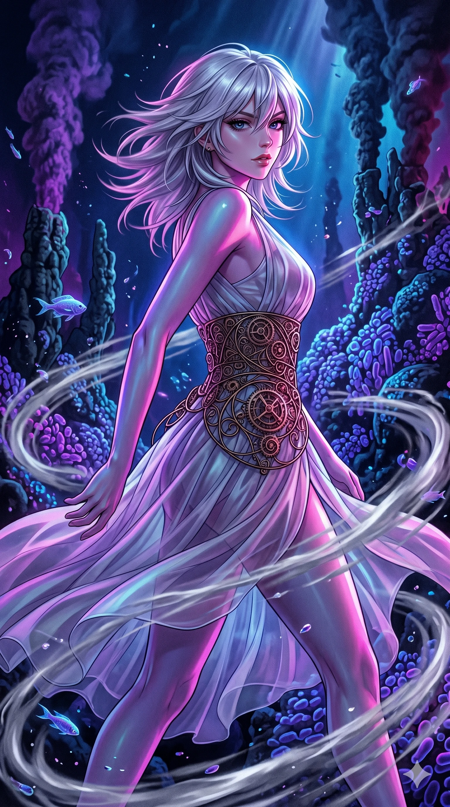 score_9, masterpiece, best quality, ultra-detailed, high-budget anime keyframe, editorial fashion photography, tasteful artistic composition, Japanese woman. upper body close-up from the thighs up, character filling the screen for maximum presence. dashing past in a deep-sea hydrothermal vent field with glowing violet bacteria colonies while swirling vortexes of silver mist encircle her legs. She has an absolutely perfect 8-heads proportion, an exceptionally tall and slender female figure with impossibly long slender legs and an ultra-slim waist. V-shaped jawline, high-bridge nose, intricate jewel-like eyes with depth, thick eyelashes, glossy lips with a natural sheen.. wearing a chrono-gear wire harness couture, featuring micro-bronze gear wire harness cinching her waist over a translucent layered silk organza midi dress with full lining. lit by high-contrast neon strobes that carve out her dynamic posture and V-shaped jawline. 2k, ultra detail, master piece, 9:16 ratio