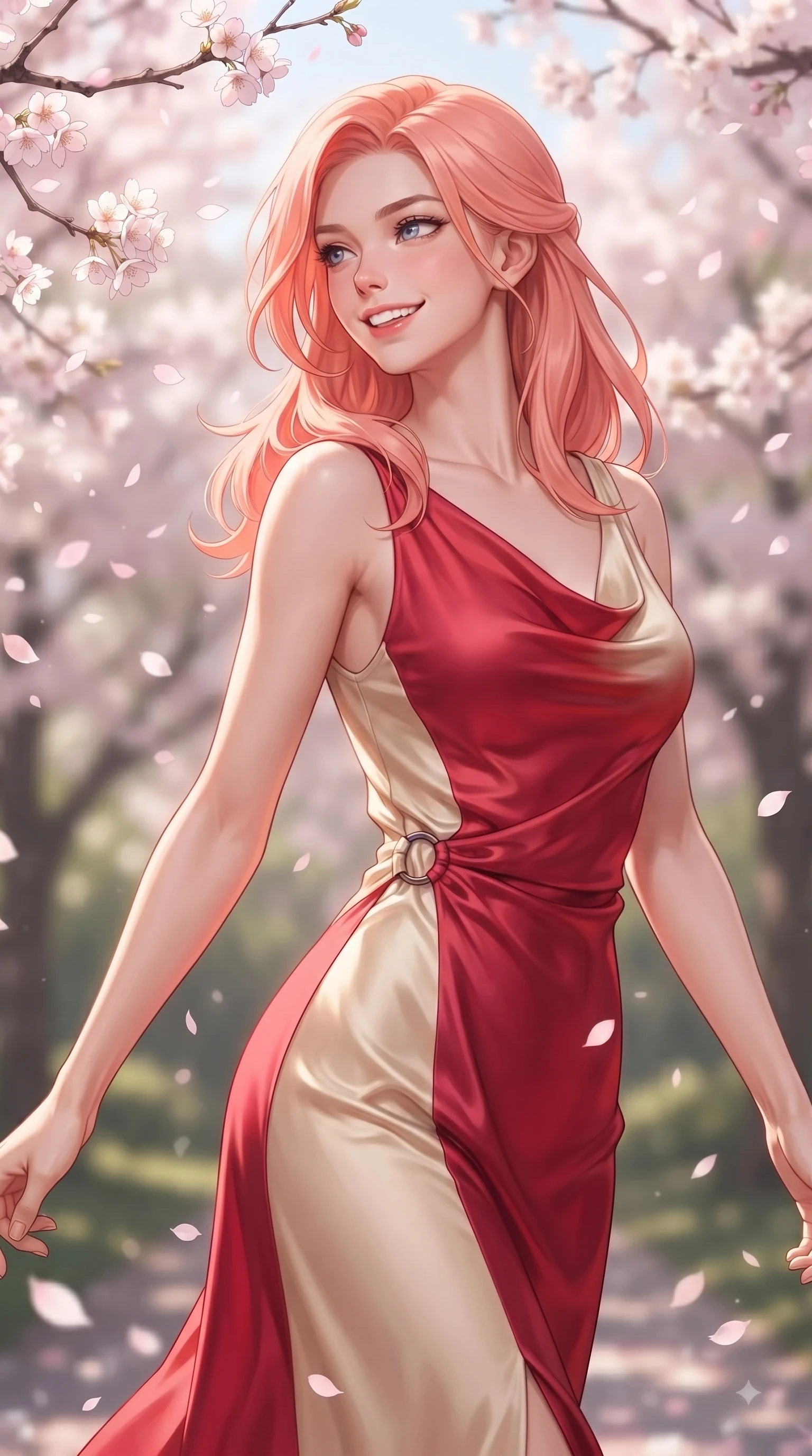 score_9, masterpiece, best quality, ultra-detailed, high-budget anime keyframe, editorial fashion photography, tasteful artistic composition, Japanese woman. close-up cowboy shot from the waist and thighs up, the character dominates the composition, filling the frame with her large presence. Radiant youthful grin reflecting girlhood charm while casting a playful, joyful side-gaze with heavy lashes while pivoting dynamically with a beaming smile as delicate pink sakura petals shower around her. The composition keeps background elements in soft focus with dreamy bokeh. pastel spring sky refractions and flower branches blurred in smooth creamy depth. She has an exceptionally elegant, slender, and willowy female figure with an ultra-slim waist, a gracefully sculpted slender torso, and a refined silhouette. sharp v-shaped jawline, high-bridge nose, intricate jewel-like eyes with depth, thick eyelashes, glossy lips with a natural sheen, flawlessly proportioned anatomical accuracy, natural body alignment, perfectly sculpted elegant limbs, clean dynamic posture without body distortion. wearing an elegant cowl-neck silk satin midi dress with a graceful draped neckline in vivid crimson red and champagne cream, knitted from soft cozy cashmere yarn, accented with subtle metallic ring hardware framing her waist, the glove-like fit emphasizing her statuesque silhouette during motion. surrounded by a fresh, sweet, and nostalgic spring park atmosphere. ultra-reflective glossy finish, specular highlights, metallic sheen, high-contrast stereoscopic depth, volumetric dynamic lighting, 2k, ultra detail, master piece, 9:16 ratio