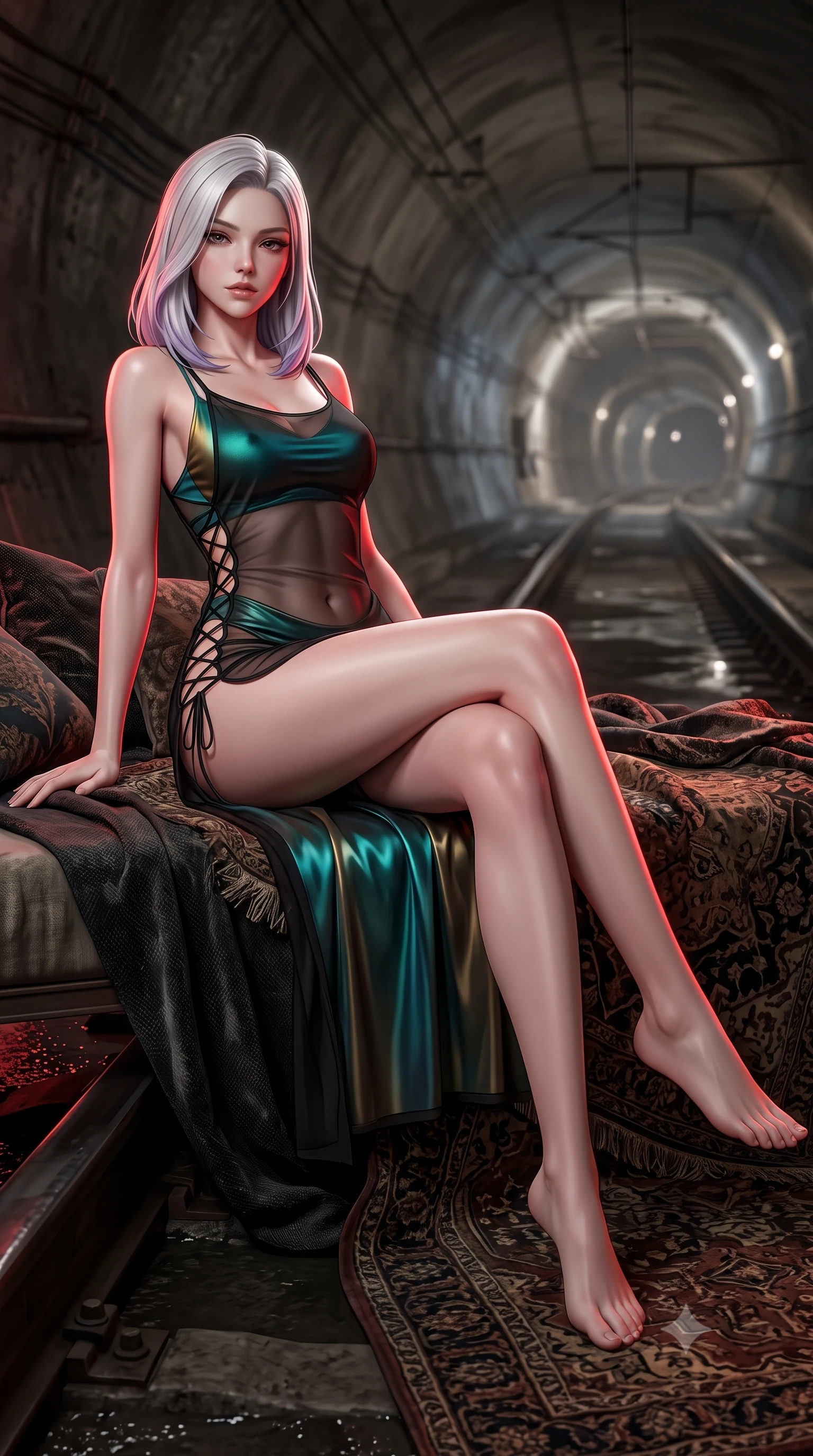 score_9, masterpiece, best quality, ultra-detailed, high-budget anime keyframe, semi-realistic 3D game render, editorial fashion photography, tasteful artistic composition, Caucasian woman. low angle full-body shot from head to toe showing her feet, filling the entire 9:16 vertical frame with her statuesque presence, stretching her vertical silhouette. lounging on the lavish daybed with legs crossed and hips angled toward the camera, displaying her toned midriff and long slender limbs with effortless siren poise while crouching poised on the electrified rail cover with one knee bent, looking up with hypnotic bedroom-eyes through dark lashes. The background shows a soft-focus distant tunnel vanishing points softened in gritty underground shallow focus. She has an absolutely perfect, statuesque 8.5-heads proportion, an exceptionally tall and slender model-like female figure with impossibly long slender legs, an ultra-slim waist, a flat toned midriff, narrow delicate ribcage, and beautifully sculpted feminine hips creating a graceful, slim hourglass silhouette without any bulky heaviness. sharp v-shaped jawline, high-bridge nose, sparkling eyes with hypnotic seductive depth, thick curled eyelashes, glossy parted lips with a natural dewy peach sheen, alluring bedroom-eyes with an enchanting coquettish smile, exuding magnetic siren charisma and sophisticated glamour, flawlessly proportioned anatomical accuracy, strict slender model proportions, natural body alignment, perfectly sculpted long slender limbs, ultra-slim waistline, clean dynamic posture without body distortion. wearing a sheer black tactical gauze slip dress worn over a liquid satin undergarment, hugging her flat midriff and hips in iridescent peacock teal and burnished antique brass, crafted from second-skin technical compression fabric with moisture-wicking stretch, finished with fine criss-cross lace-up side ties revealing tantalizing glimpses of her hip curve, the precision-cut side openings and low-back scoop framing her graceful spine and the sensual sweep of her slim, toned hips. illuminated by wet track puddle bounce and sharp deep-red rim lights sculpting her jawline, flat midriff, and voluptuous hip curves. highly saturated vibrant anime colors, detailed shading with soft gradients, rich glossy textures, high-contrast stereoscopic depth, volumetric dynamic lighting, master piece, 9:16 ratio