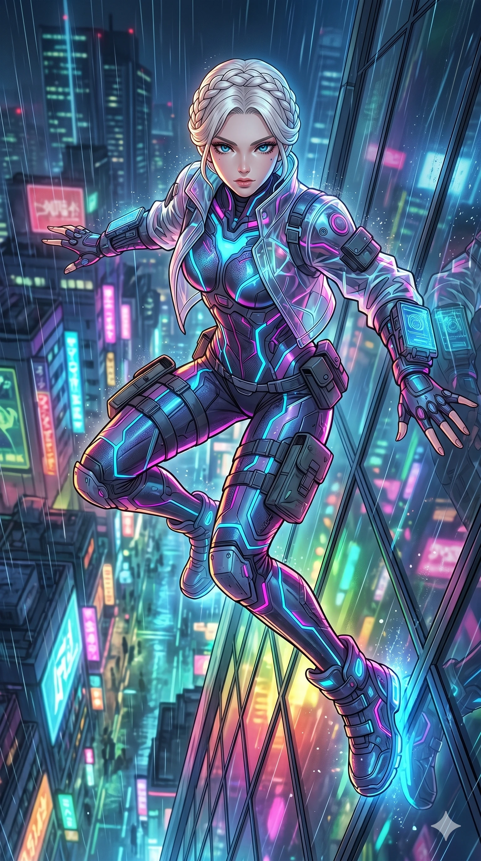 score_9, masterpiece, best quality, ultra-detailed, high-budget anime movie keyframe, cinematic anime lighting, intricate line art, Japanese woman. Extreme high angle shot as she leaps towards the camera, filling the frame. dashing up the side of a skyscraper using gravity-defying tech-boots. She has an absolutely perfect 8-heads proportion, an exceptionally tall and slender female figure with graceful and slender proportions. strictly human anatomy, two legs only, no extra limbs, clearly defined legs and arms, perfect anatomy, perfect hands and fingers. sharp v-shaped jawline, high-bridge nose, intricate jewel-like eyes, thick eyelashes, glossy lips. Wearing Tech-Fantasy: Cybernetic tech-suit with glowing seams, translucent jacket over a bodysuit, and modular tactical gear. The scene is illuminated by dramatic atmospheric lighting and vibrant color palettes. , 2k, ultra detail, master piece, 9:16 ratio