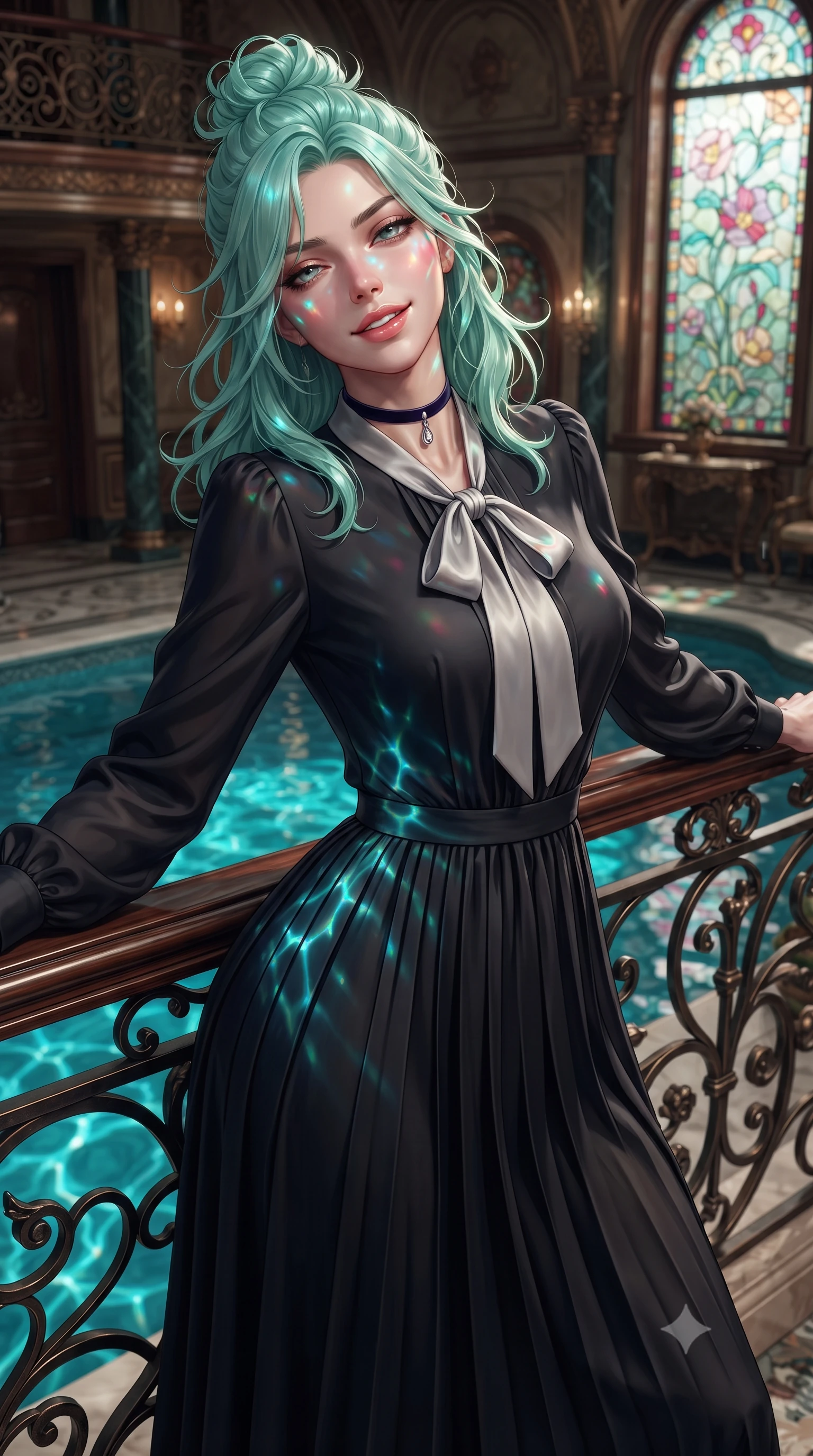 score_9, masterpiece, best quality, ultra-detailed, high-budget anime keyframe, editorial fashion photography, tasteful artistic composition, Japanese woman. close-up cowboy shot from the waist and thighs up, the character dominates the composition, filling the frame with her large presence. leaning back against the balustrade with relaxed seductive grace, head tilted back slightly while casting a hypnotic, heavy-lidded gaze while twisting her slender torso in an alluring contrapposto stance, shimmering turquoise water caustics and floral stained-glass light tracing her narrow waist and curvy hips. The surrounding environment is rendered in vivid detail and crisp panoramic clarity: detailed garment folds, intricate lace or tailored seams, and master Viennese tilework in razor-sharp precision. She has an exceptionally elegant, slender, and willowy female figure with an ultra-slim waist, flat toned midriff, narrow ribcage, and sculpted feminine hips creating an alluring, slim hourglass silhouette without bulk. sharp v-shaped jawline, high-bridge nose, intricate jewel-like sparkling eyes with depth, thick eyelashes, glossy parted lips with a natural peach sheen, bright cheerful beaming smile with an enchanting and coquettish sensual glint, exuding both youthful cute charm and seductive allure, flawlessly proportioned anatomical accuracy, strict slender model proportions, natural body alignment, perfectly sculpted long slender limbs, ultra-slim waistline, clean dynamic posture without body distortion. wearing an elegant long-sleeve silk georgette tea dress with pleated A-line skirt and neck pussy-bow in Joshua Tree Mojave obsidian and starlight platinum, crafted from bespoke double-faced cashmere with an exceptionally soft tactile finish, finished with a thin velvet ribbon choker and a single teardrop diamond pendant, the impeccably tailored cut draping gracefully along her slender figure with aristocratic poise. bathed in underwater pool turquoise LEDs combined with warm 2500K sconce glows and moonbeams through stained glass. ultra-reflective glossy finish, specular highlights, rich textural contrasts, high-contrast stereoscopic depth, volumetric dynamic lighting, 2k, ultra detail, master piece, 9:16 ratio