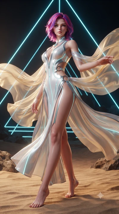 score_9, masterpiece, best quality, ultra-detailed, high-budget anime keyframe, editorial fashion photography, tasteful artistic composition, Caucasian woman. low angle full-body shot from head to toe showing her feet, filling the entire 9:16 vertica