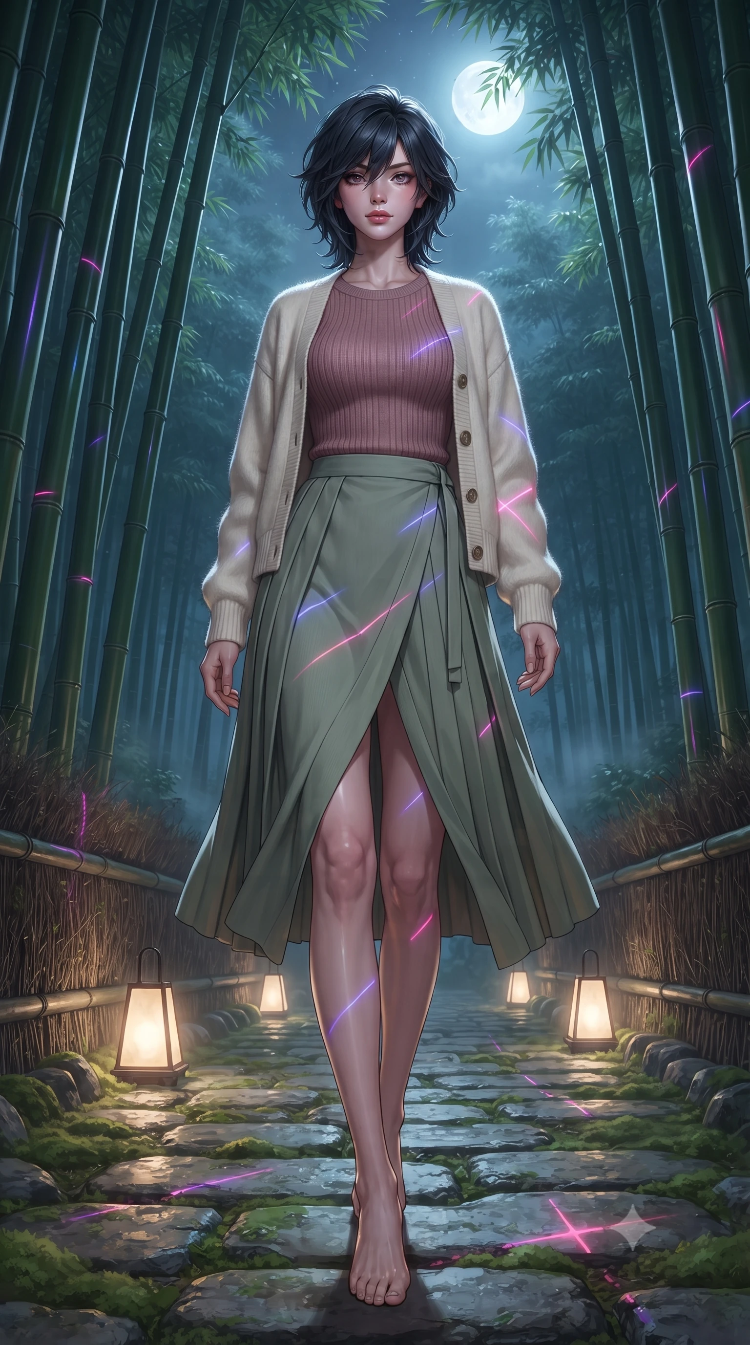 score_9, masterpiece, best quality, ultra-detailed, high-budget anime keyframe, editorial fashion photography, tasteful artistic composition, Caucasian woman, strictly human ears. low angle full-body shot from head to toe showing her feet, filling the entire 9:16 vertical frame with her statuesque presence, stretching her vertical silhouette. stepping elegantly through a perfectly maintained bamboo grove walkway under full moonlight with towering green bamboo stalks creating a natural cathedral stone path with embedded lanterns and soft moss underfoot. She has a statuesque 8.5-heads proportion, an exceptionally tall, slender and willowy model-like build with impossibly long legs and a highly sculpted ultra-slim waist. sharp v-shaped jawline, high-bridge nose, intricate jewel-like eyes with depth, thick eyelashes, glossy lips with a natural sheen. wearing a dusty rose ribbed knit top layered under a cream wool cardigan, paired with a sage green pleated wrap midi skirt. laser lines of violet and hot pink reflecting off surfaces casting geometric neon highlights. 2k, ultra detail, master piece, 9:16 ratio