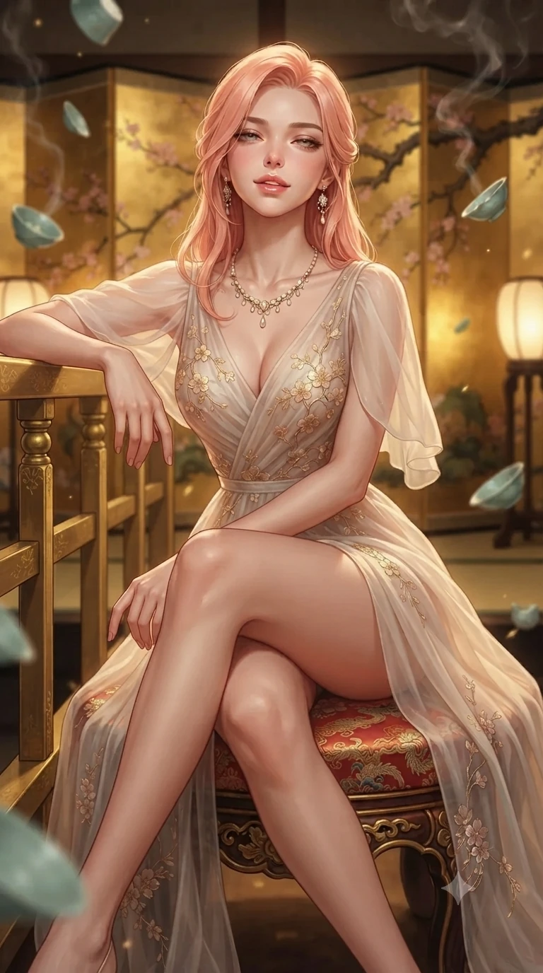 score_9, masterpiece, best quality, ultra-detailed, high-budget anime keyframe, editorial fashion photography, tasteful artistic composition, Japanese woman. close-up cowboy shot from the waist and thighs up, the character dominates the composition, filling the frame with her large presence. leaning back against the balustrade with relaxed seductive grace, head tilted back slightly while casting a hypnotic, heavy-lidded gaze while sitting gracefully on the silk-embroidered imperial stool with legs crossed, flashing an enchanting smile with parted glossy lips. The background shows a soft-focus shimmering gold-leaf folding screens painted with cherry branches, floating celadon ceramic fragments, and drifting incense smoke blurred into gold, jade, and peat bokeh. She has an exceptionally elegant, slender, and willowy female figure with an ultra-slim waist, flat toned midriff, narrow ribcage, and sculpted feminine hips creating an alluring, slim hourglass silhouette without bulk. sharp v-shaped jawline, high-bridge nose, intricate jewel-like sparkling eyes with depth, thick eyelashes, glossy parted lips with a natural peach sheen, bright cheerful beaming smile with an enchanting and coquettish sensual glint, exuding both youthful cute charm and seductive allure, flawlessly proportioned anatomical accuracy, strict slender model proportions, natural body alignment, perfectly sculpted long slender limbs, ultra-slim waistline, clean dynamic posture without body distortion. wearing an alluring backless sheer lace leotard with high-cut leg openings and delicate fiber-optic embroidery framing her spine in rose-quartz blush and burnished copper, made of sheer gossamer chiffon that drapes softly against skin with airy translucence, accented with a chrome-drop body harness subtly framing her dewy collarbones and spine, the high-slit wrap tailoring accentuating her ultra-slim waistline and the enchanting curve of her feminine hips with alluring seductive charm. bathed in the warm radiant 2400K glow of concealed paper lanterns reflecting off polished gold leaf. ultra-reflective glossy finish, specular highlights, rich textural contrasts, high-contrast stereoscopic depth, volumetric dynamic lighting, 2k, ultra detail, master piece, 9:16 ratio