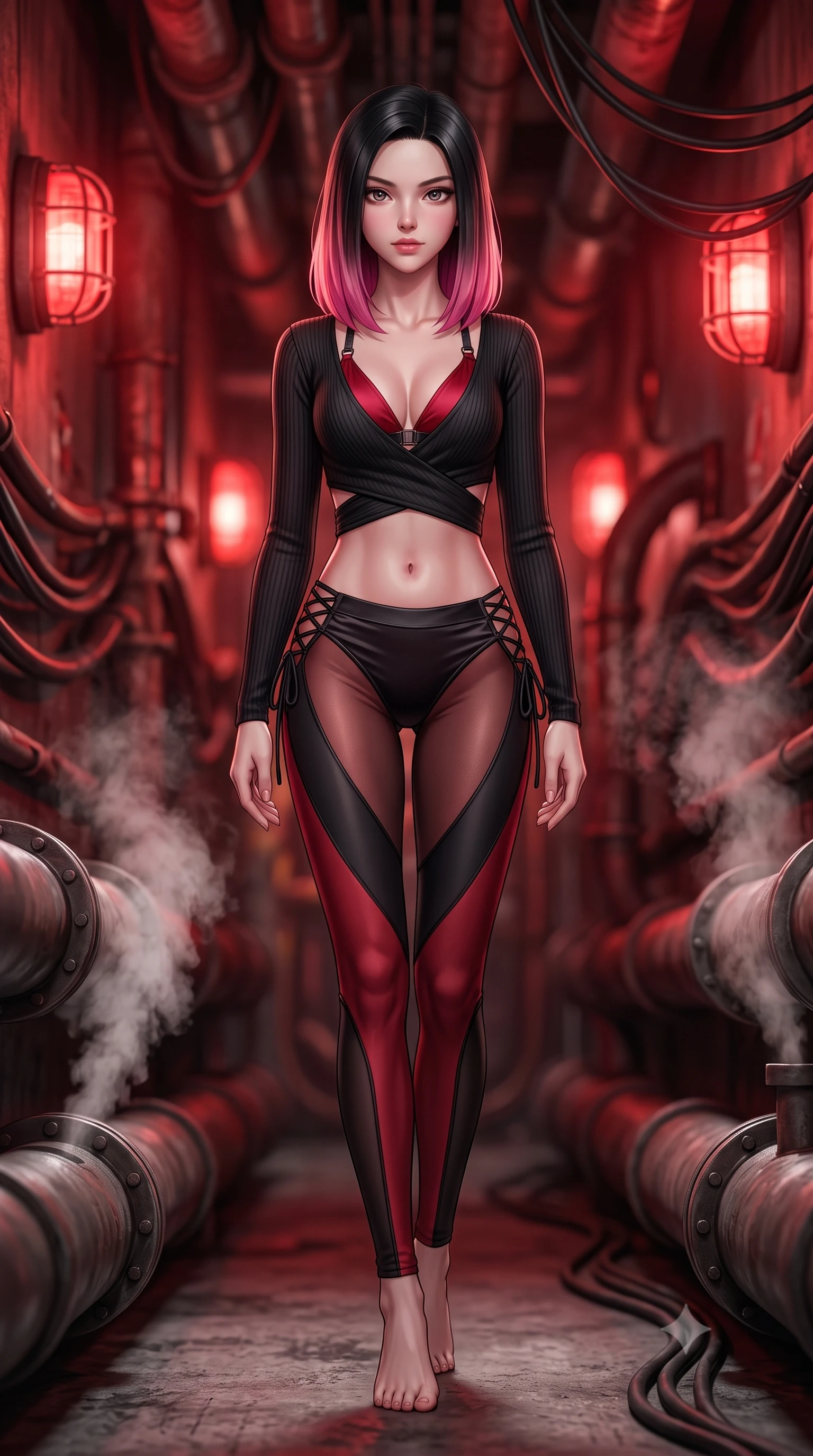 score_9, masterpiece, best quality, ultra-detailed, high-budget anime keyframe, semi-realistic 3D game render, editorial fashion photography, tasteful artistic composition, Korean woman. low angle full-body shot from head to toe showing her feet, filling the entire 9:16 vertical frame with her statuesque presence, stretching her vertical silhouette. stepping slowly toward the camera with hypnotic grace, hips swaying in an alluring sensual rhythm that accentuates her curvy hourglass silhouette and long slender legs while twisting her slender torso in an alluring contrapposto stance between heavy conduit pipes, steam billowing around her long slender legs. The background shows a soft-focus pulsing caged red emergency beacons, curving subway rails, and hanging electrical cables blurred into crimson, rust, and obsidian bokeh. She has an absolutely perfect, statuesque 8.5-heads proportion, an exceptionally tall and slender model-like female figure with impossibly long slender legs, an ultra-slim waist, a flat toned midriff, narrow delicate ribcage, and beautifully sculpted feminine hips creating a graceful, slim hourglass silhouette without any bulky heaviness. sharp v-shaped jawline, high-bridge nose, sparkling eyes with hypnotic seductive depth, thick curled eyelashes, glossy parted lips with a natural dewy peach sheen, alluring bedroom-eyes with an enchanting coquettish smile, exuding magnetic siren charisma and sophisticated glamour, flawlessly proportioned anatomical accuracy, strict slender model proportions, natural body alignment, perfectly sculpted long slender limbs, ultra-slim waistline, clean dynamic posture without body distortion. wearing a form-contouring ribbed knit dancer wrap top worn over a plunging silk bralette and low-rise satin briefs in matte obsidian black and tactical crimson red with gunmetal hardware, made of semi-opaque stretch illusion mesh with soft shadowy contours, finished with fine criss-cross lace-up side ties revealing tantalizing glimpses of her hip curve, the second-skin tailored fabric adhering flawlessly to her sculpted flat midriff and slender torso, emphasizing her long leg lines and perfectly proportioned willowy build. bathed in rhythmic crimson strobe glow from industrial bulkhead wall fixtures. highly saturated vibrant anime colors, detailed shading with soft gradients, rich glossy textures, high-contrast stereoscopic depth, volumetric dynamic lighting, master piece, 9:16 ratio