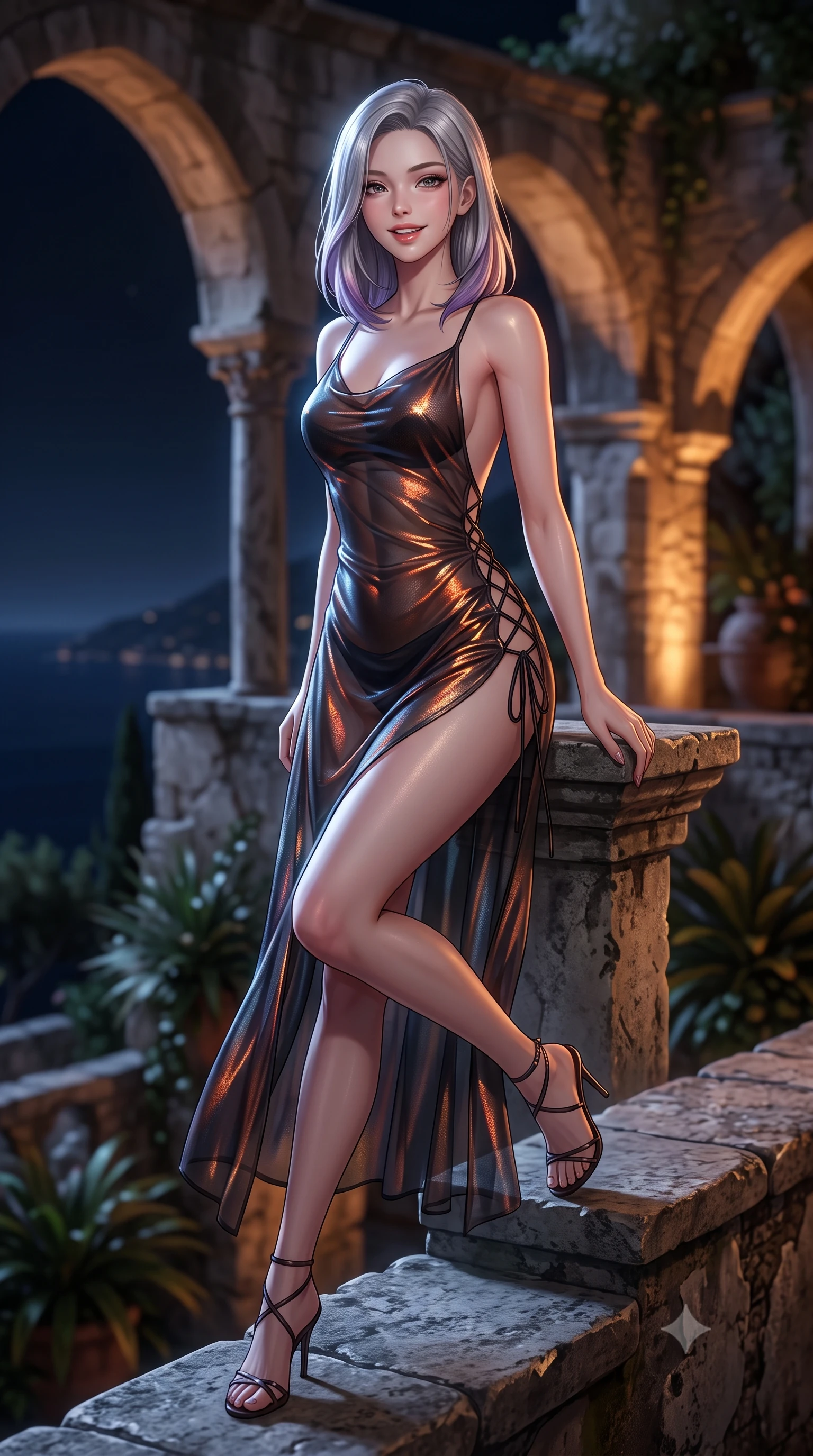 score_9, masterpiece, best quality, ultra-detailed, high-budget anime keyframe, semi-realistic 3D game render, editorial fashion photography, tasteful artistic composition, Caucasian woman. low angle full-body shot from head to toe showing her feet, filling the entire 9:16 vertical frame with her statuesque presence, stretching her vertical silhouette. stepping slowly toward the camera with hypnotic grace, hips swaying in an alluring sensual rhythm that accentuates her curvy hourglass silhouette and long slender legs while sitting perched on the stone parapet with one knee bent and legs extended, flashing a radiant, playful smile with parted glossy lips. The background shows a soft-focus hanging stone arches softened in historic Ravello cliffside sanctuary shallow focus. She has an exceptionally tall and slender model-like 8.5-heads proportion, an ultra-slim waist, a flat toned midriff, narrow delicate ribcage, and beautifully sculpted feminine hips creating a graceful, slim hourglass silhouette without any bulky heaviness, with impossibly long slender legs. sharp v-shaped jawline, high-bridge nose, intricate jewel-like sparkling eyes with depth, thick eyelashes, glossy parted lips with a natural peach sheen, bright cheerful beaming smile with an enchanting and coquettish sensual glint, exuding both youthful cute charm and seductive allure, flawlessly proportioned anatomical accuracy, strict slender model proportions, natural body alignment, perfectly sculpted long slender limbs, ultra-slim waistline, clean dynamic posture without body distortion. wearing an alluring backless sheer holographic mesh slip dress with high thigh slit clinging smoothly to her dewy skin in Lofoten midnight obsidian and warm hearth copper, made of sheer gossamer chiffon that drapes softly against skin with airy translucence, featuring fine criss-cross lace-up side ties revealing tantalizing glimpses of her hip curve, the glove-like clinging cut tightly following the natural contour of her hips and long slender legs with youthful 8.5-heads elegance. bathed in cool silver moonlight balanced with warm 2600K amber uplights illuminating ancient stone arches. highly saturated vibrant anime colors, detailed shading with soft gradients, rich glossy textures, high-contrast stereoscopic depth, volumetric dynamic lighting, master piece, 9:16 ratio