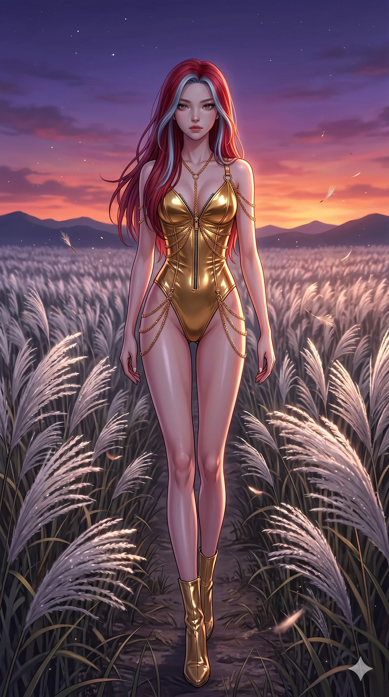 score_9, masterpiece, best quality, ultra-detailed, High-budget Anime Keyframe, East Asian woman. Dynamic full-body shot stretching the vertical silhouette to the limit. Scenario 38: Walking through a field of tall silver grass at twilight. Her presence is magnetic and overpowering in this high-budget anime scene. Outfit 38: A patent leather gold with a unzipped detail and fine gold chains. The clothing is designed to emphasize her exceptionally tall and slender 8-heads proportion. 8-heads proportion, towering silhouette, ultra-slim waist. sharp v-shaped jawline, intricate jewel-like eyes with depth, thick eyelashes, glossy lips. 2k, ultra detail, master piece, 9:16 ratio
