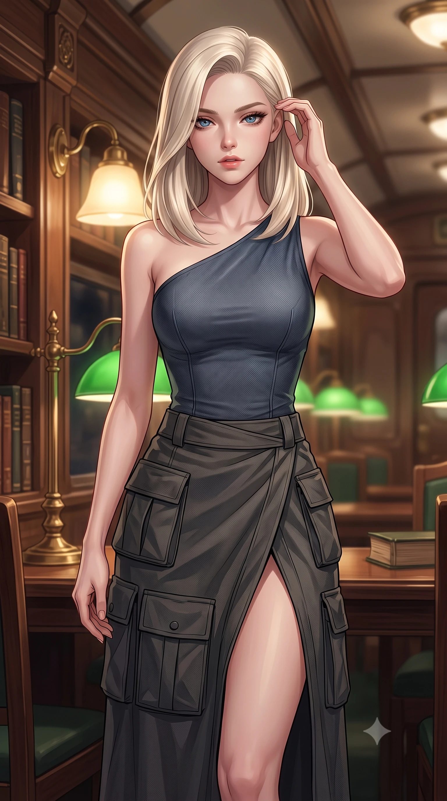 score_9, masterpiece, best quality, ultra-detailed, high-budget anime keyframe, editorial fashion photography, tasteful artistic composition, Caucasian woman. close-up cowboy shot from the waist and thighs up, the character dominates the composition, filling the frame with her large presence, background elements kept in soft focus. gently touching the side of her temple, casting a heavy-lidded, sultry look past the camera, the background shows a soft-focus a train library car with wood-lined shelves and green reading lamps. She has an exceptionally elegant, slender, and willowy female figure with an ultra-slim waist, a gracefully sculpted slender torso, and a refined silhouette. sharp v-shaped jawline, high-bridge nose, intricate jewel-like eyes with depth, thick eyelashes, glossy lips with a natural sheen. wearing a tailored asymmetric one-shoulder nanotech bodice paired with a daring high-slit tactical utility wrap skirt. soft warm glow from reading lamps creating a quiet, focused mood. highly saturated vibrant anime colors, detailed shading with soft gradients, rich glossy textures, high-contrast stereoscopic depth, volumetric dynamic lighting, master piece, 9:16 ratio