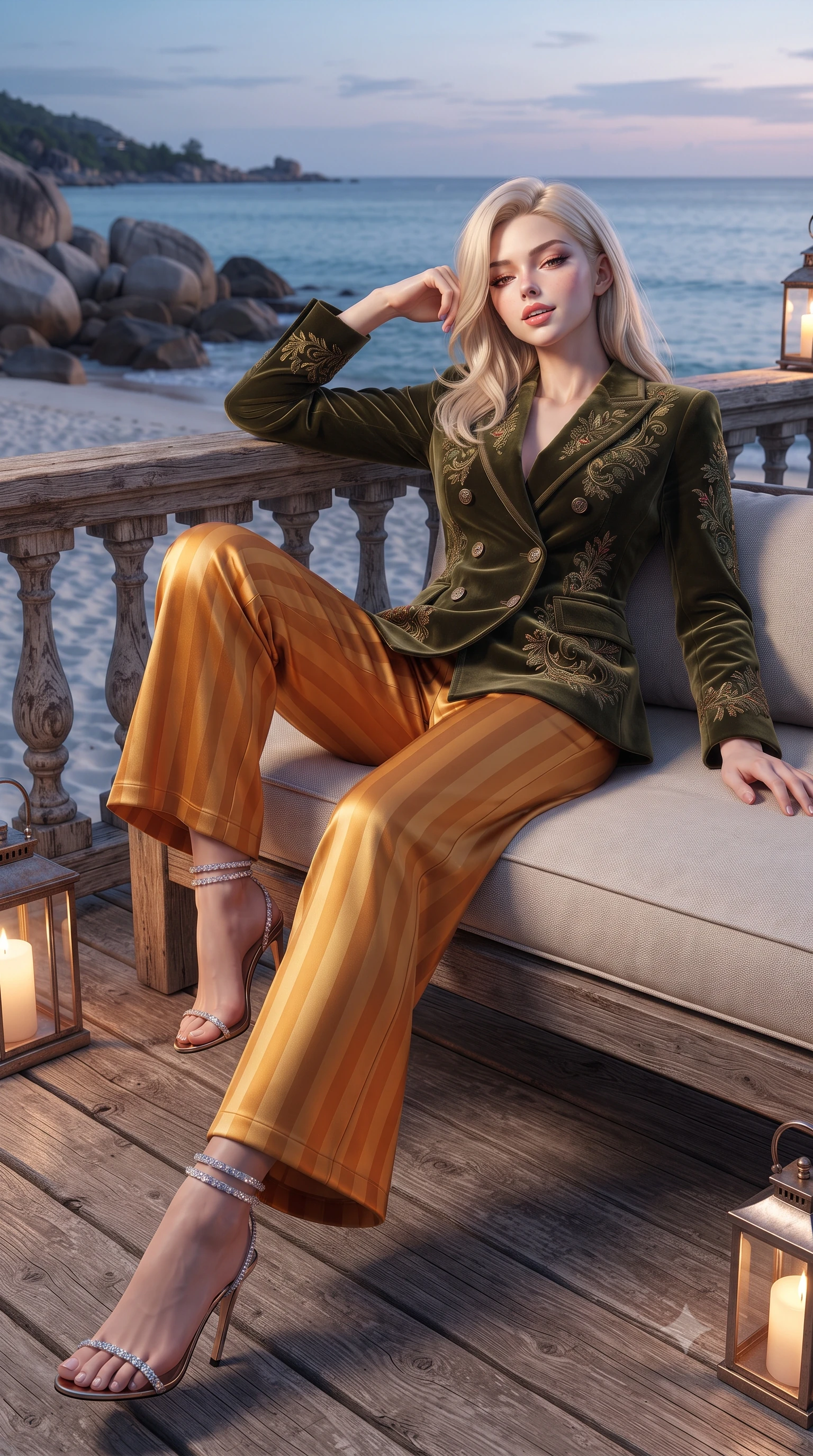 score_9, masterpiece, best quality, ultra-detailed, high-budget anime keyframe, editorial fashion photography, tasteful artistic composition, Caucasian woman. close-up cowboy shot from the waist and thighs up, the character dominates the composition, filling the frame with her large presence. leaning back against the balustrade with relaxed seductive grace, head tilted back slightly while casting a hypnotic, heavy-lidded gaze while lounging in the private daybed set upon the deck propped on one elbow with legs extended, displaying her long slender limbs and statuesque hourglass silhouette. The surrounding environment is rendered in vivid detail and crisp panoramic clarity: sharp weathered ironwood deck grain, coarse white shell beach sand, and smooth granite boulder curve textures in deep focus. She has an exceptionally elegant, slender, and willowy female figure with an ultra-slim waist, flat toned midriff, narrow ribcage, and sculpted feminine hips creating an alluring, slim hourglass silhouette without bulk. sharp v-shaped jawline, high-bridge nose, intricate jewel-like sparkling eyes with depth, thick eyelashes, glossy parted lips with a natural peach sheen, bright cheerful beaming smile with an enchanting and coquettish sensual glint, exuding both youthful cute charm and seductive allure, flawlessly proportioned anatomical accuracy, strict slender model proportions, natural body alignment, perfectly sculpted long slender limbs, ultra-slim waistline, clean dynamic posture without body distortion. wearing a tailored Bohemian double-breasted velvet smoking jacket paired with wide-leg satin-stripe trousers in Tuscan cypress dark olive and sunset amber gold, crafted from bespoke double-faced cashmere with an exceptionally soft tactile finish, complemented by strappy stiletto sandals with crystal ankle wraps accentuating her slender calves, the impeccably tailored cut draping gracefully along her slender figure with aristocratic poise. bathed in the soft pastel 5000K twilight glow of the Indian Ocean horizon mixed with warm 2500K deck lanterns. ultra-reflective glossy finish, specular highlights, rich textural contrasts, high-contrast stereoscopic depth, volumetric dynamic lighting, 2k, ultra detail, master piece, 9:16 ratio