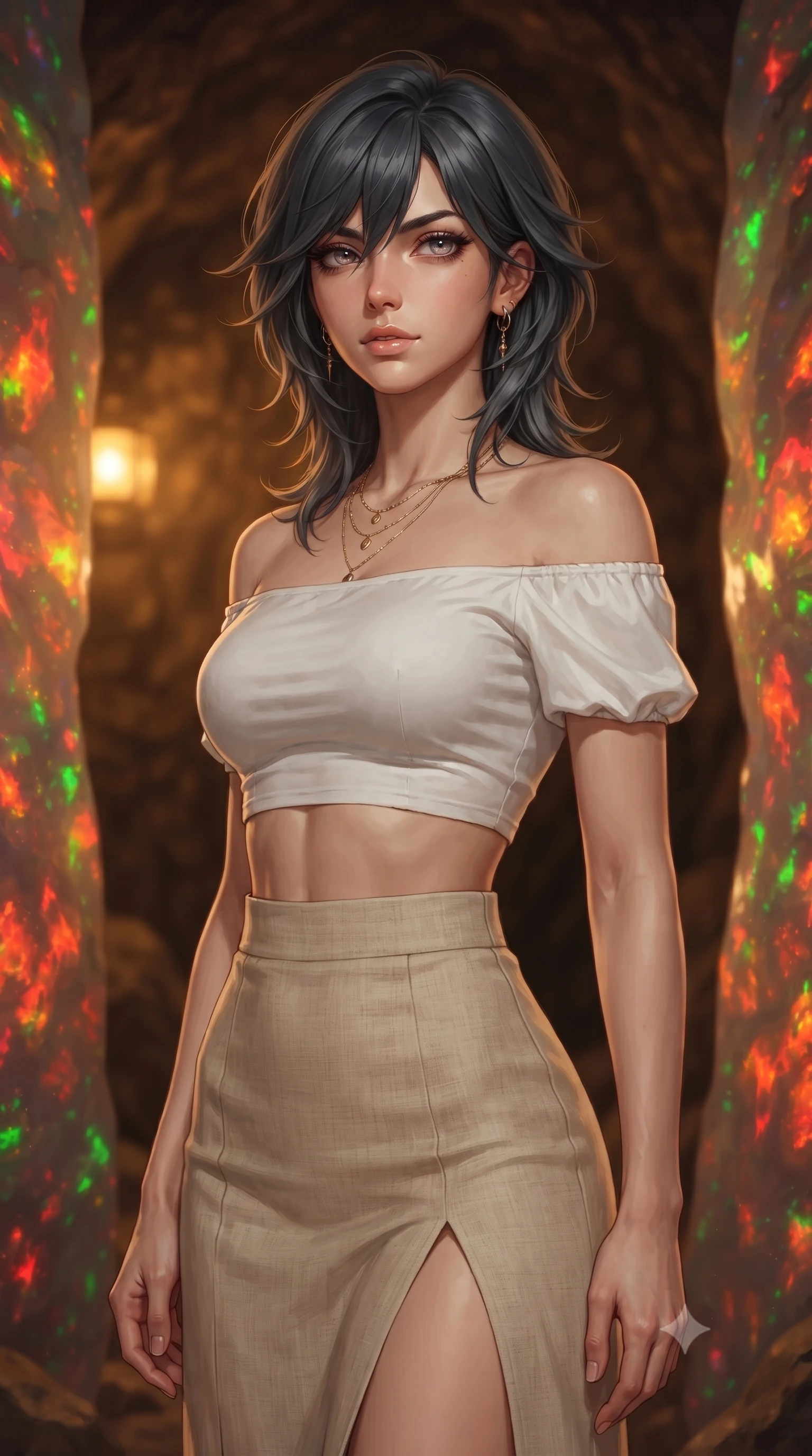 score_9, masterpiece, best quality, ultra-detailed, high-budget anime keyframe, editorial fashion photography, tasteful artistic composition, Caucasian woman, strictly human ears. close-up cowboy shot from the waist and thighs up, the character dominates the composition, filling the frame with her large presence, background elements kept in soft focus. Gazing past the camera with an air of effortless superiority. set against a soft-focus background of deep underground in a mine where the exposed walls are solid fire opal glowing with internal flame-like patterns of red orange and green precious play-of-color shimmering and shifting with viewing angle. She has an exceptionally elegant and slender, willowy female figure with an ultra-slim waist, a gracefully sculpted slender torso, and a refined slim physique. sharp v-shaped jawline, high-bridge nose, intricate jewel-like eyes with depth, thick eyelashes, glossy lips with a natural sheen. wearing a white off-shoulder crop top paired with a high-waisted beige linen skirt featuring a high side slit. warm amber mining lamp light reflecting off the fire opal walls which seem to burn with their own internal fire in shifting patterns of red orange and green creating a gem-lit cavern. 2k, ultra detail, master piece, 9:16 ratio