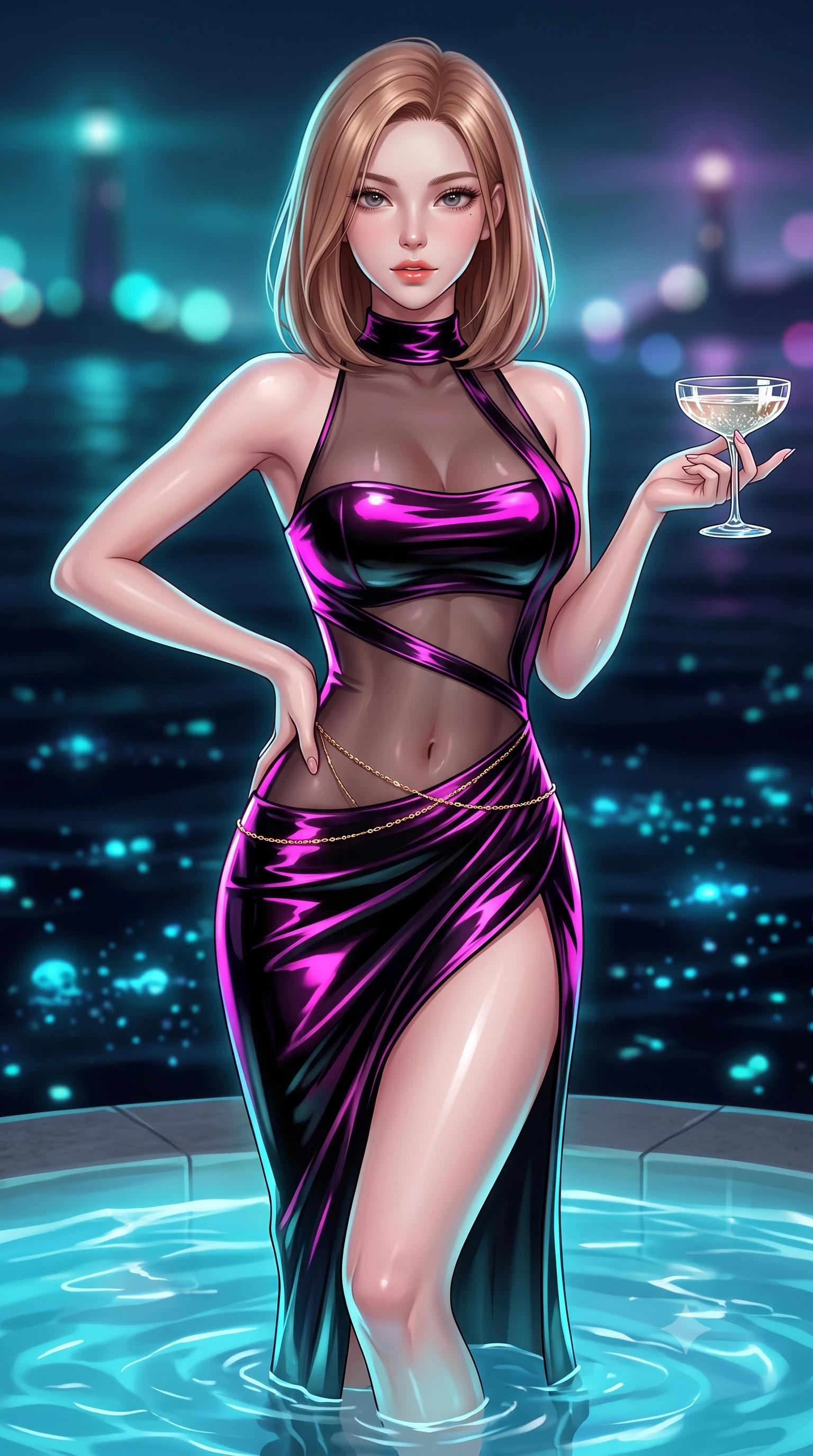 score_9, masterpiece, best quality, ultra-detailed, high-budget anime keyframe, semi-realistic 3D game render, editorial fashion photography, tasteful artistic composition, Korean woman. close-up cowboy shot from the waist and thighs up, the character dominates the composition, filling the frame with her large presence. twisting her slender torso in an alluring contrapposto stance, one hand resting on her sculpted hip while her fingers toy with a champagne coupe while stepping gracefully into the heated cliffside plunge pool with water lapping at her thighs, arching her spine with breathtaking siren elegance. The background shows a soft-focus the vast obsidian sea dotted with glowing bioluminescent plankton and distant island lighthouses blurred into teal, cyan, and amethyst bokeh. She has an exceptionally elegant, slender, and willowy female figure with an ultra-slim waist, flat toned midriff, narrow ribcage, and sculpted feminine hips creating an alluring, slim hourglass silhouette without bulk. sharp v-shaped jawline, high-bridge nose, sparkling eyes with hypnotic seductive depth, thick curled eyelashes, glossy parted lips with a natural dewy peach sheen, alluring bedroom-eyes with an enchanting coquettish smile, exuding magnetic siren charisma and sophisticated high-fashion glamour, flawlessly proportioned anatomical accuracy, strict slender model proportions, natural body alignment, perfectly sculpted long slender limbs, ultra-slim waistline, clean dynamic posture without body distortion. wearing a provocative high-neck sheer illusion cocktail dress with liquid satin ribbons contouring her curves in wet-look onyx black with electric magenta reflections, crafted from wet-look high-gloss vinyl fabric with dazzling specular surface reflections, accented with a dainty gold belly chain resting across her flat midriff and curving hips, the high-slit wrap tailoring accentuating her ultra-slim waistline and the enchanting curve of her feminine hips with alluring seductive charm. illuminated by aquatic caustic bounce and sharp platinum-cyan rim lights sculpting her jawline, narrow waist, and curvy hips. highly saturated vibrant anime colors, detailed shading with soft gradients, rich glossy textures, high-contrast stereoscopic depth, volumetric dynamic lighting, master piece, 9:16 ratio