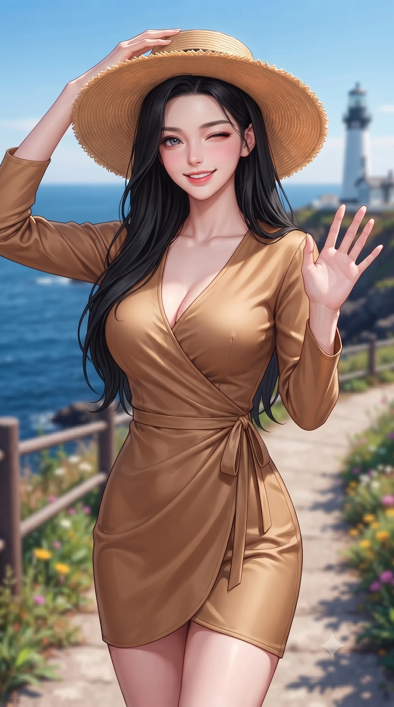 score_9, masterpiece, best quality, ultra-detailed, high-budget anime keyframe, editorial fashion photography, tasteful artistic composition, Korean woman. close-up cowboy shot from the waist and thighs up, the character dominates the composition, filling the frame with her large presence, background elements kept in soft focus. flashing a sweet, beaming smile while waving one hand gently toward the camera set against a soft-focus background of at a coastal lighthouse park path overlooking the deep blue sea holding a wide-brimmed straw hat to her head with a playful wink. She has an exceptionally elegant, slender, and willowy female figure with an ultra-slim waist, a gracefully sculpted slender torso, and a refined silhouette. sharp v-shaped jawline, high-bridge nose, intricate jewel-like eyes with depth, thick eyelashes, glossy lips with a natural sheen. wearing slim-fit form-contouring silk wrap dress in camel, outlining her slender waist. cool morning daylight creating a fresh, energetic seaside atmosphere. highly saturated vibrant anime colors, detailed shading with soft gradients, rich glossy textures, high-contrast stereoscopic depth, volumetric dynamic lighting, master piece, 9:16 ratio