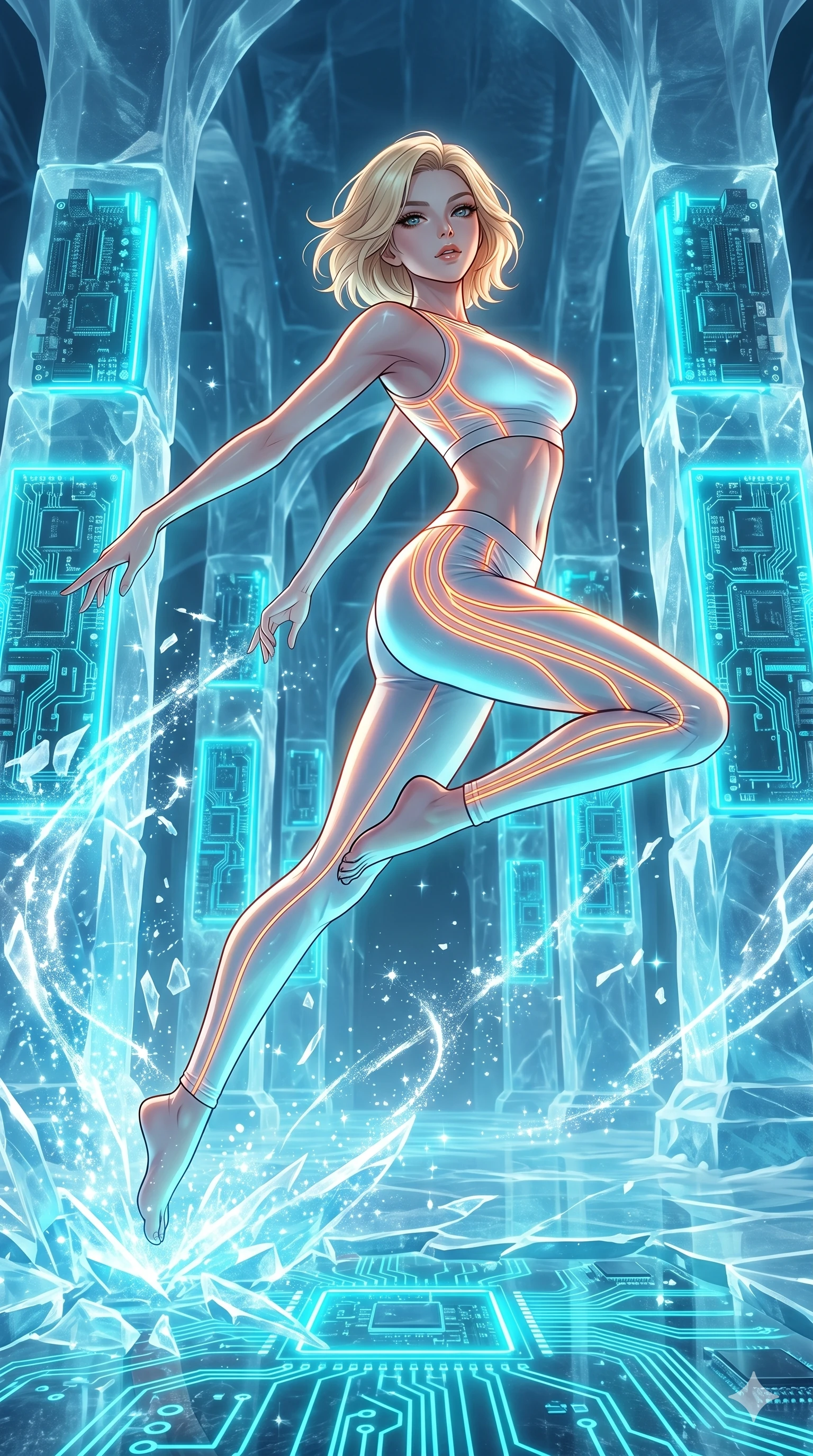 score_9, masterpiece, best quality, ultra-detailed, high-budget anime keyframe, Caucasian woman, strictly human ears. low angle full-body shot filling the entire 9:16 frame with her statuesque presence, stretching the vertical silhouette. leaping inside a sub-zero cybernetic ice temple, where glowing neon cyan computer circuit boards are frozen within transparent ice pillars, fracturing ice crystals into sparkles around her. She has an absolutely perfect 8-heads proportion, an exceptionally tall and slender female figure with impossibly long slender legs and an ultra-slim waist. V-shaped jawline, high-bridge nose, intricate jewel-like eyes with depth, thick eyelashes, glossy lips with a natural sheen.. wearing a neon filament athleisure set, featuring a tight white crop top and matching leggings woven with glowing orange neon filaments, highlighting her slender body contour. accented by dynamic color-blocked lighting with high-contrast shadows emphasizing her statuesque height. 2k, ultra detail, master piece, 9:16 ratio