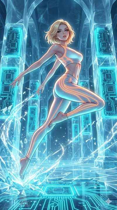 score_9, masterpiece, best quality, ultra-detailed, high-budget anime keyframe, Caucasian woman, strictly human ears. low angle full-body shot filling the entire 9:16 frame with her statuesque presence, stretching the vertical silhouette. leaping ins