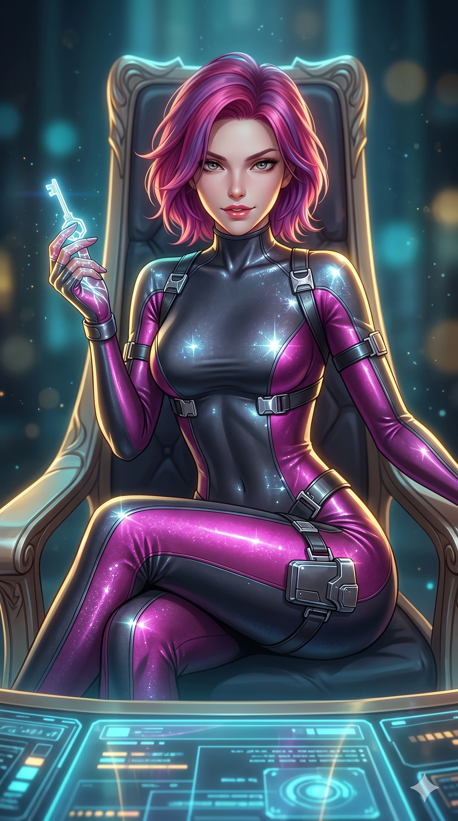 score_9, masterpiece, best quality, ultra-detailed, high-budget anime keyframe, semi-realistic 3D game render, editorial fashion photography, tasteful artistic composition, Caucasian woman. close-up cowboy shot from the waist and thighs up, the character dominates the composition, filling the frame with her large presence. leaning forward over the holographic console while arching her lower back to accentuate her curvy hips, looking into the camera with an intoxicating smoldering bedroom-gaze while lounging in the high council chair with legs crossed, holding a glowing cryptographic key while flashing a subtle, dangerous smile with parted glossy lips. The background shows a soft-focus diplomatic chamber atmospheric dust motes blurred into cyan, gold, and obsidian bokeh. She has an exceptionally elegant, slender, and willowy female figure with an ultra-slim waist, flat toned midriff, narrow ribcage, and sculpted feminine hips creating an alluring, slim hourglass silhouette without bulk. sharp v-shaped jawline, high-bridge nose, intricate jewel-like sparkling eyes with depth, thick eyelashes, glossy parted lips with a natural sheen, bright confident smile with an enchanting and coquettish sensual glint, exuding both youthful magnetic charm and sovereign high-tech allure, flawlessly proportioned anatomical accuracy, strict slender model proportions, natural body alignment, perfectly sculpted long slender limbs, ultra-slim waistline, clean dynamic posture without body distortion. wearing an ultra-sleek form-contouring thermal silicone composite catsuit adhering seamlessly like a second skin in deep titanium gunmetal and radiant magenta neon, woven from stretch metallic lurex jersey casting radiant starlight glints across her curves, finished with polished chrome buckle hardware and modular magnetic holster clasps, the glove-like clinging cut tightly following the natural contour of her hips and long slender legs with youthful 8.5-heads elegance. illuminated by polished black stone dais bounce and sharp gold-cyan rim lights sculpting her razor-sharp jawline, narrow waist, and curvy hips. highly saturated vibrant anime colors, detailed shading with soft gradients, rich glossy textures, high-contrast stereoscopic depth, volumetric dynamic lighting, master piece, 9:16 ratio