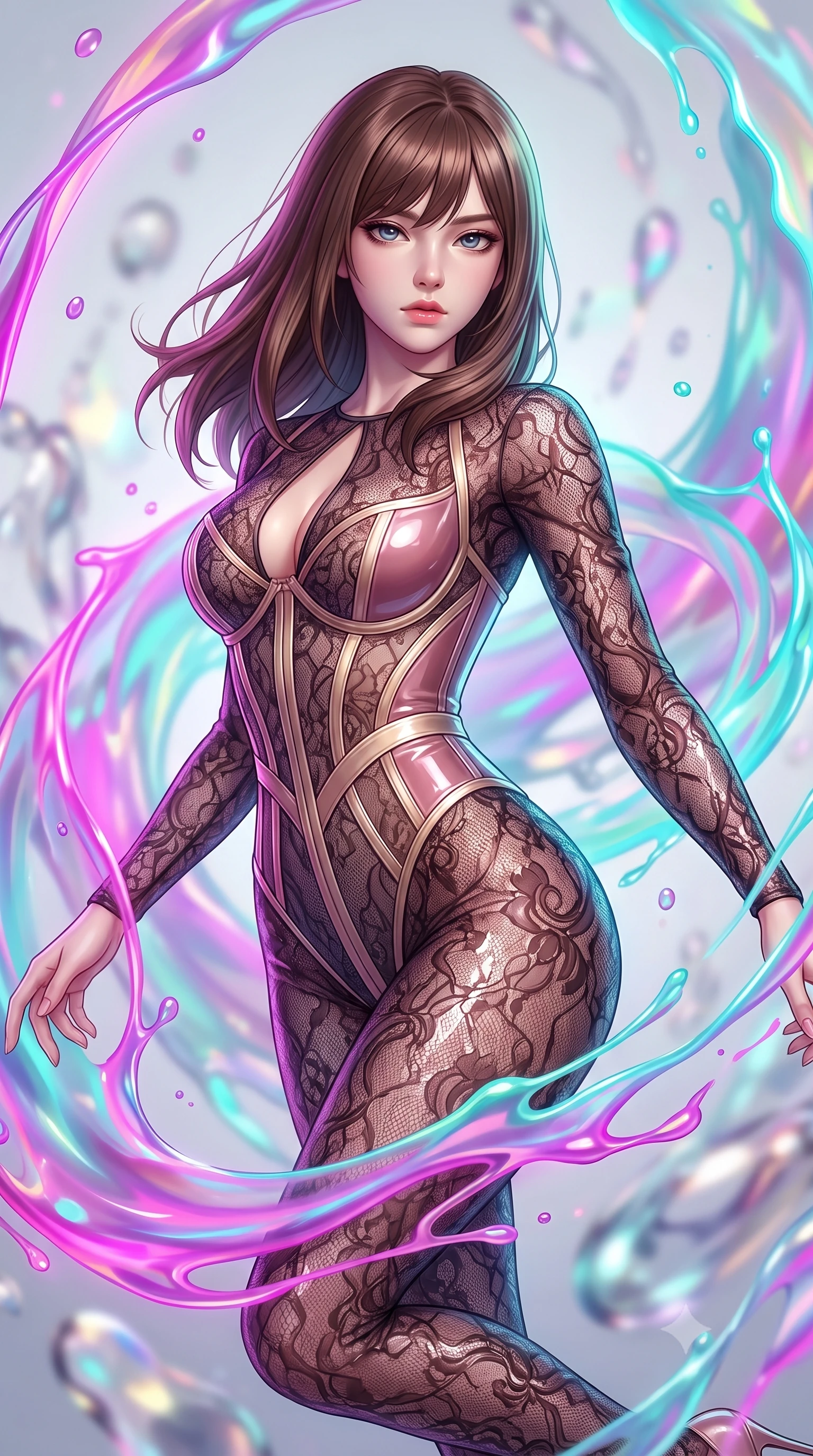 score_9, masterpiece, best quality, ultra-detailed, high-budget anime keyframe, editorial fashion photography, tasteful artistic composition, Korean woman. close-up cowboy shot from the waist and thighs up, the character dominates the composition, filling the frame with her large presence, background elements kept in soft focus. Gazing past the lens with composed intensity as her torso curves dynamically in mid-motion while performing a dynamic mid-air rotation amidst swirling rainbow liquid acrylic splashes, viscous opal liquid trails swirling around her silhouette in fluid zero-gravity arcs. She has an exceptionally elegant, slender, and willowy female figure with an ultra-slim waist, a gracefully sculpted slender torso, and a refined silhouette. sharp v-shaped jawline, high-bridge nose, intricate jewel-like eyes with depth, thick eyelashes, glossy lips with a natural sheen, flawlessly proportioned anatomical accuracy, natural body alignment, perfectly sculpted elegant limbs, clean dynamic posture without body distortion. wearing a sheer dark lace pattern bodysuit with structured corsetry boning in dusty rose and champagne gold, tailored from high-gloss patent leather, accented with a Tasteful chest slit framing her clavicle gracefully, the tailored fabric tightly following every curve of her athletic build. surrounded by a radiant aura of neon magenta and turquoise fluid highlights. highly saturated vibrant anime colors, detailed shading with soft gradients, rich glossy textures, high-contrast stereoscopic depth, volumetric dynamic lighting, master piece, 9:16 ratio