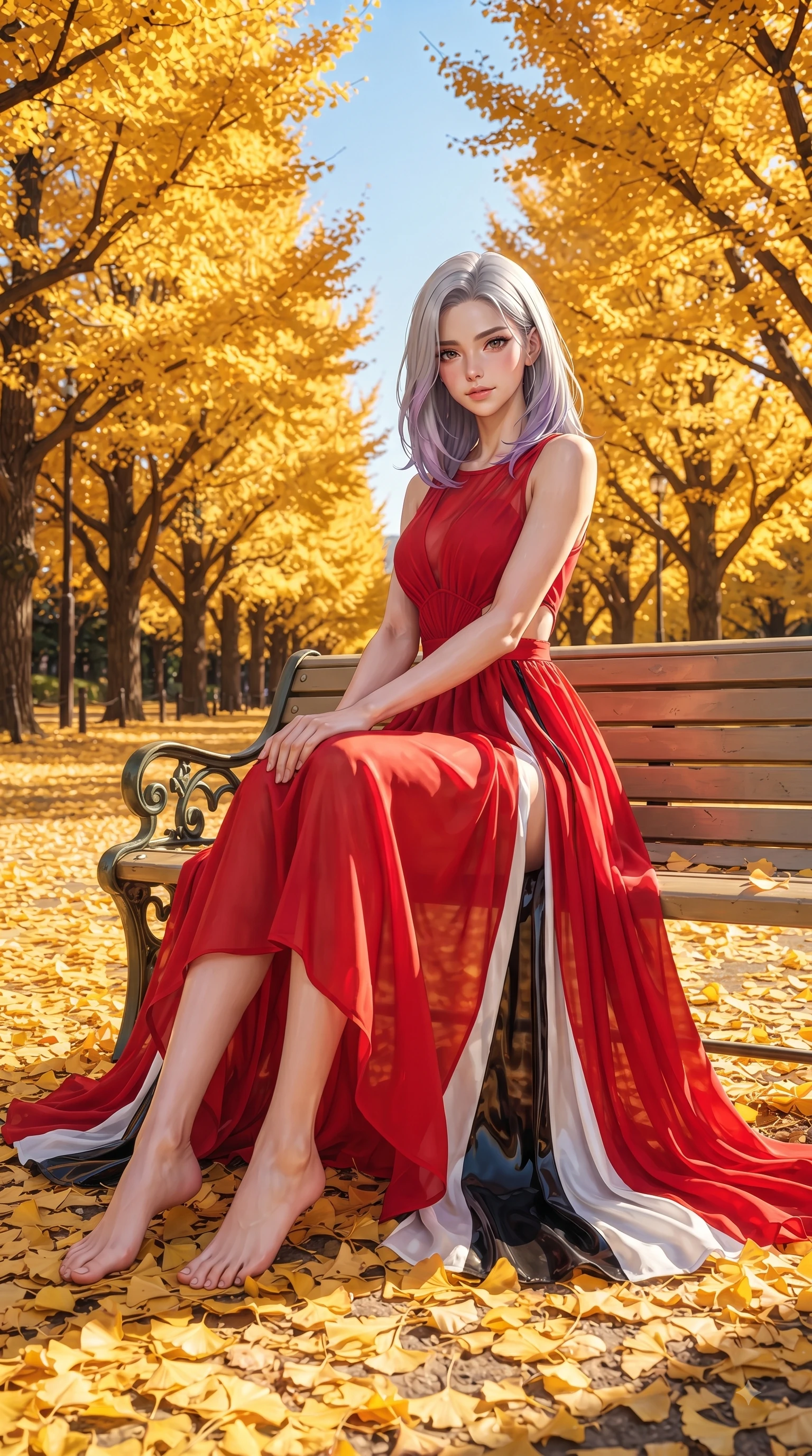 score_9, masterpiece, best quality, ultra-detailed, high-budget anime keyframe, editorial fashion photography, tasteful artistic composition, Caucasian woman. low angle full-body shot from head to toe showing her feet, filling the entire 9:16 vertical frame with her statuesque presence, stretching her vertical silhouette. Airy, translucent innocence with a soft subtle smile and a clear, pristine gaze into the lens while sitting on a classic park bench surrounded by a carpet of bright yellow fallen leaves. The surrounding environment is rendered in vivid detail and crisp panoramic clarity. endless golden ginkgo tree arcades, detailed leaf carpets, and crisp blue sky in panoramic focus. She has an absolutely perfect, statuesque 8.5-heads proportion, an exceptionally tall and slender model-like female figure with impossibly long slender legs and an ultra-slim waist. sharp v-shaped jawline, high-bridge nose, intricate jewel-like eyes with depth, thick eyelashes, glossy lips with a natural sheen, flawlessly proportioned anatomical accuracy, natural body alignment, perfectly sculpted elegant limbs, clean dynamic posture without body distortion. wearing a vibrant scarlet red chiffon maxi dress with a dramatic flowing skirt in monochrome white and glossy black contrast, crafted from soft breathable Italian linen, complemented by clean architectural seams and subtle cutouts, the form-contouring material accentuating her ultra-slim waist and long lines. bathed in brilliant golden autumn sunlight and warm tree canopy backlighting. ultra-reflective glossy finish, specular highlights, metallic sheen, high-contrast stereoscopic depth, volumetric dynamic lighting, 2k, ultra detail, master piece, 9:16 ratio