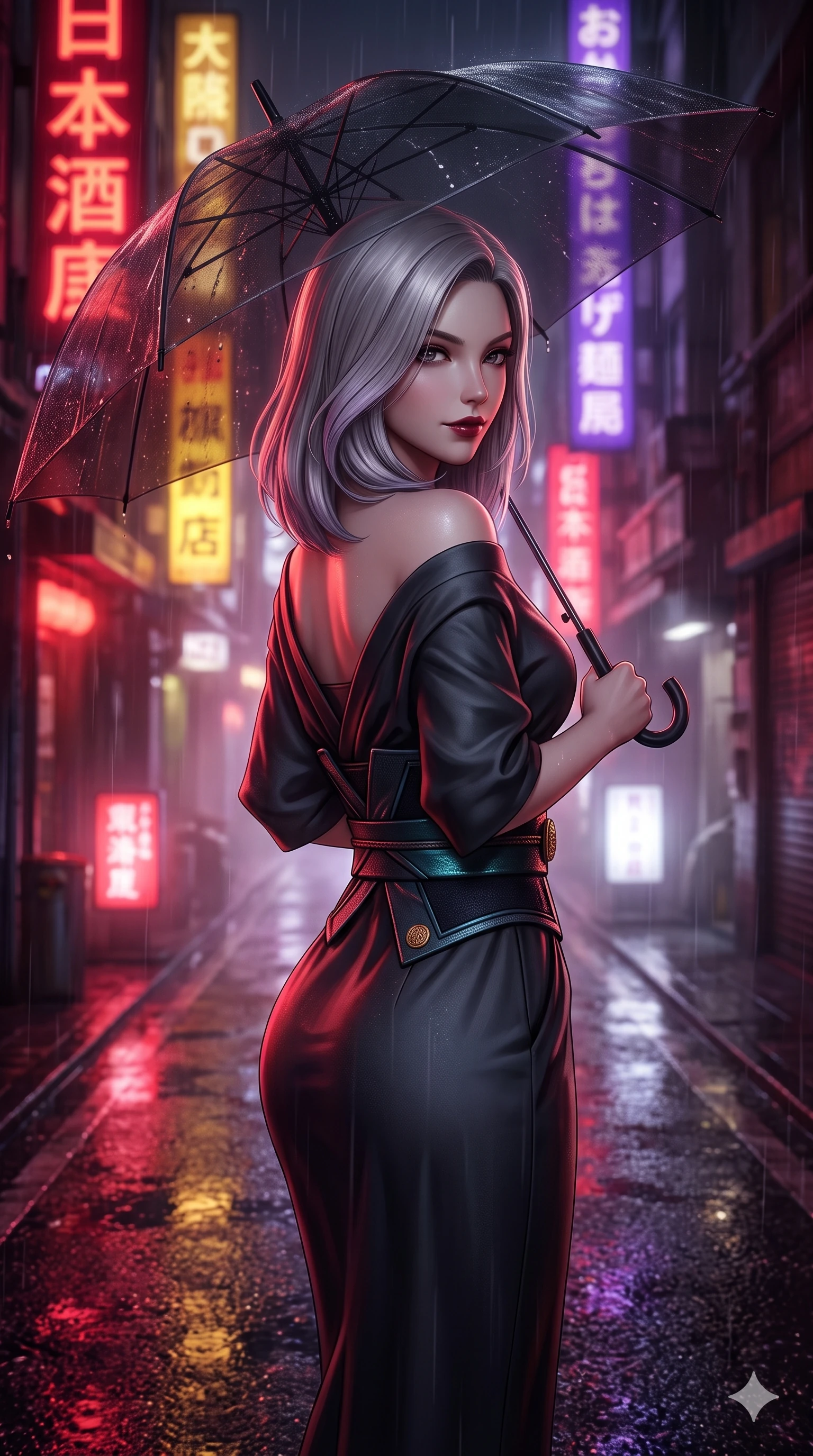 score_9, masterpiece, best quality, ultra-detailed, high-budget anime keyframe, semi-realistic 3D game render, editorial fashion photography, tasteful artistic composition, Caucasian woman. close-up cowboy shot from the waist and thighs up, the character dominates the composition, filling the frame with her large presence. posing in an alluring rear three-quarter angle, turning over a bare shoulder with an intoxicating, smoldering gaze, her hips cocked back to highlight her slim hourglass curve while walking dynamically down the glistening wet asphalt alley beneath a translucent black umbrella, hips swaying gracefully in a captivating supermodel rhythm. The background shows a soft-focus vertical kanji neon signs in deep crimson, gold, and royal purple blurred into dazzling saturated reflections and dreamy rain bokeh. She has an exceptionally elegant, slender, and willowy female figure with an ultra-slim waist, flat toned midriff, narrow ribcage, and sculpted feminine hips creating an alluring, slim hourglass silhouette without bulk. sharp v-shaped jawline, high-bridge nose, intricate jewel-like dark sparkling eyes with dangerous depth, thick curled eyelashes, glossy parted lips with a rich wine sheen, smoldering seductive half-smile with bedroom-eyes, exuding effortless superiority and intoxicating dark allure, flawlessly proportioned anatomical accuracy, strict slender model proportions, natural body alignment, perfectly sculpted long slender limbs, ultra-slim waistline, clean dynamic posture without body distortion. wearing a tailored minimalist kimono-sleeve silk crepe midi dress with structured obi-inspired belt in iridescent petroleum beetle-sheen and deep graphite, tailored from fine lightweight midnight wool crepe with crisp architectural structure, finished with an authentic engraved gold medallion and obsidian cabochons, the bespoke structured tailoring following the natural line of her 8.5-heads silhouette with refined elegance. bathed in intense saturated crimson and warm gold neon underlights contrasting with dark rain-soaked shadow tones. highly saturated vibrant anime colors, detailed shading with soft gradients, rich glossy textures, high-contrast stereoscopic depth, volumetric dynamic lighting, master piece, 9:16 ratio