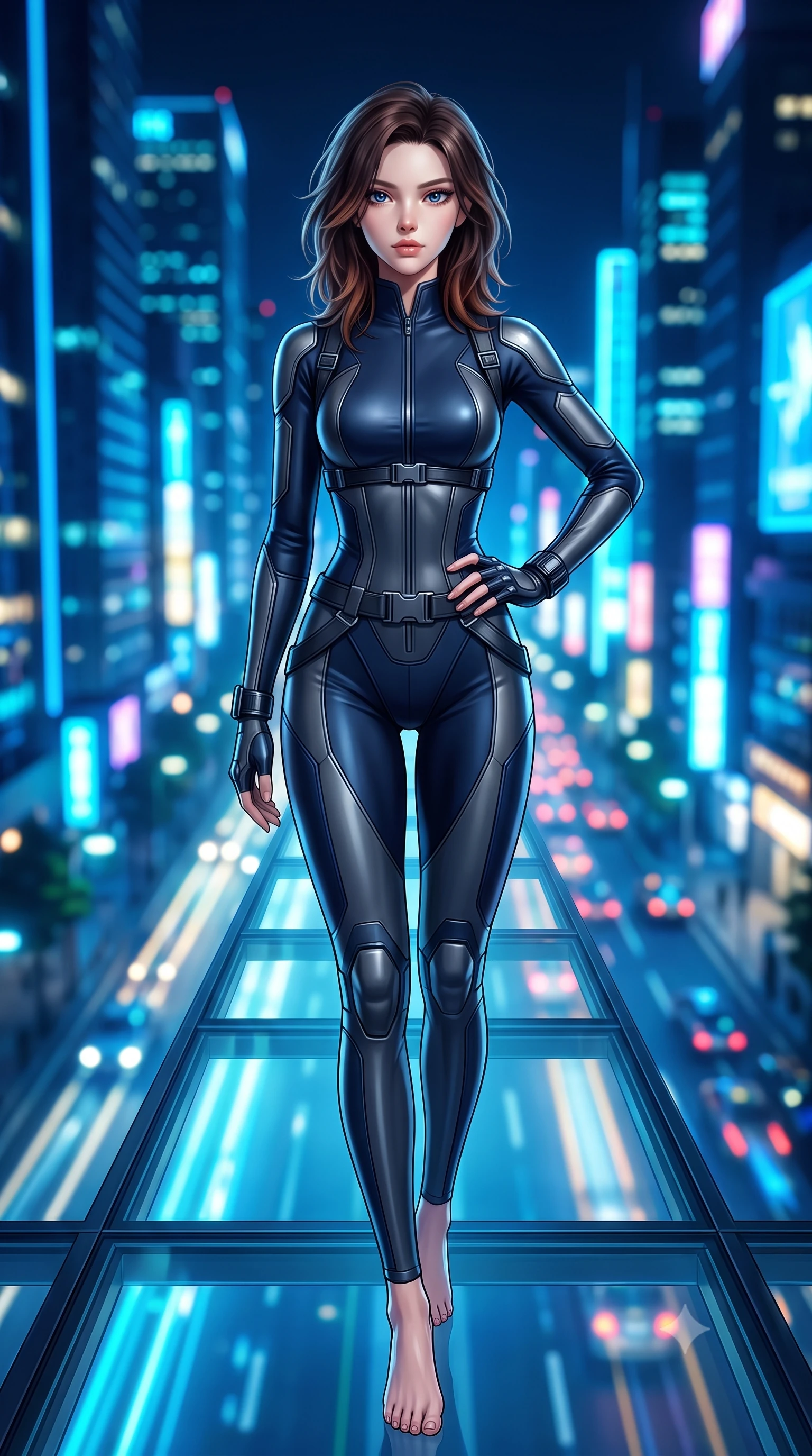 score_9, masterpiece, best quality, ultra-detailed, high-budget anime keyframe, semi-realistic 3D game render, editorial fashion photography, tasteful artistic composition, Korean woman. low angle full-body shot from head to toe showing her feet, filling the entire 9:16 vertical frame with her statuesque presence, stretching her vertical silhouette. standing poised with one hip cocked in an alluring high-fashion pose, her tall 8.5-heads proportions dominating the scene while striding across the luminous glass walkway with silent tactical footsteps and authoritative commander presence. The composition keeps background elements in soft focus with creamy bokeh. dizzying vertical cityscape traffic light trails and neon skyscrapers far below blurred into sapphire, cyan, and gold bokeh. She has an absolutely perfect, statuesque 8.5-heads proportion, an exceptionally tall and slender model-like female figure with impossibly long slender legs, a toned flat midriff, and an ultra-slim waist. sharp v-shaped jawline, high-bridge nose, intricate jewel-like eyes with depth, thick eyelashes, glossy lips with a natural sheen, captivating and magnetic expression, flawlessly proportioned anatomical accuracy, strict slender model proportions, natural body alignment, perfectly sculpted long slender limbs, ultra-slim waistline, clean dynamic posture without body distortion. wearing a high-tech surveillance operative suit with flexible titanium joints and waist-cinching harness in deep midnight blue and brushed gunmetal, crafted from matte cybernetic vinyl with concealed magnetic locks, accented with concealed lockpick wristbands and polished dark chrome hardware, the sleek tailored cut tightly hugging her graceful clavicle, narrow waist, and feminine curves with statuesque precision. illuminated by crisp directional key light defining her razor-sharp jawline, eyes, and slender curves. highly saturated vibrant anime colors, detailed shading with soft gradients, rich glossy textures, high-contrast stereoscopic depth, volumetric dynamic lighting, master piece, 9:16 ratio