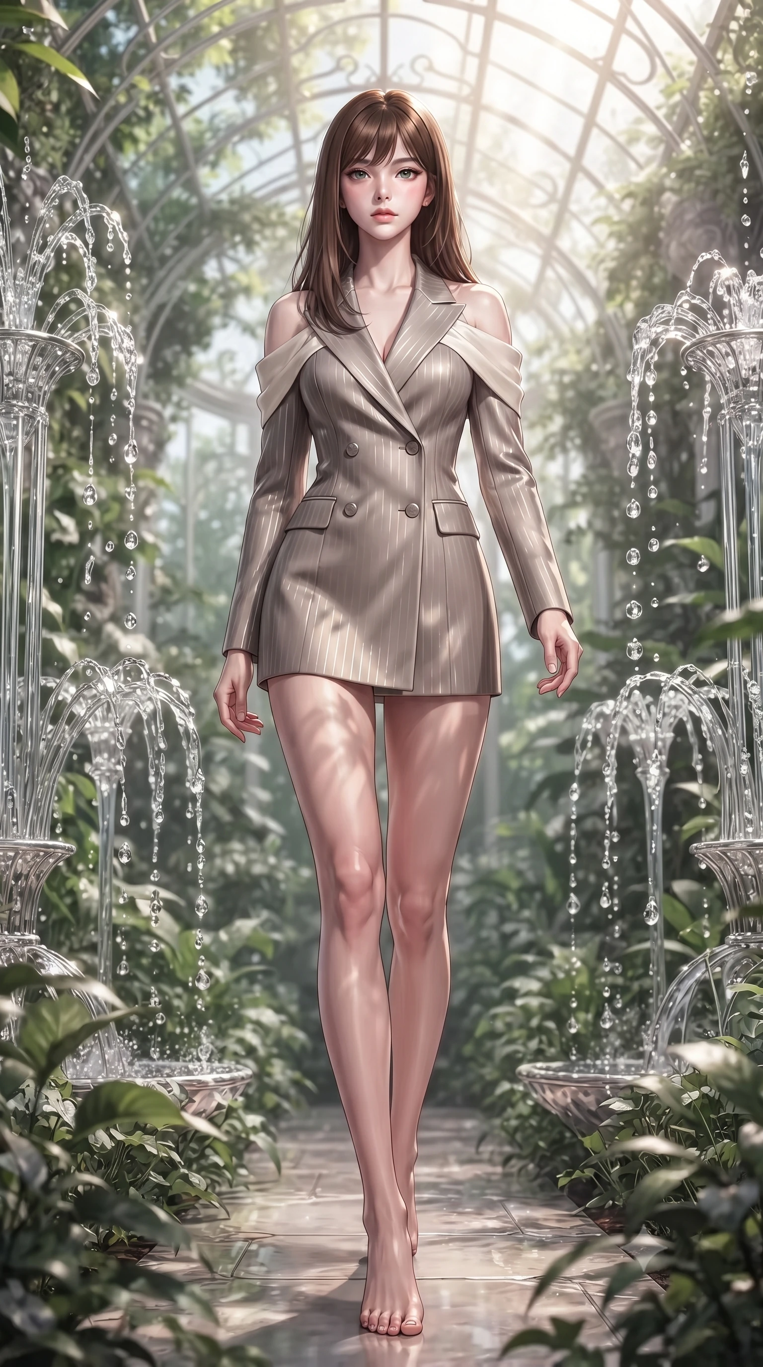 score_9, masterpiece, best quality, ultra-detailed, high-budget anime keyframe, editorial fashion photography, tasteful artistic composition, Korean woman. low angle full-body shot from head to toe showing her feet, filling the entire 9:16 vertical frame with her statuesque presence, stretching her vertical silhouette. forging dynamically through the scene, her vertical silhouette beautifully stretched forging through an overgrown greenhouse filled with platinum wire lattices, translucent water droplets cascading down platinum fountains. She has an absolutely perfect, statuesque 8.5-heads proportion, an exceptionally tall and slender model-like female figure with impossibly long slender legs and an ultra-slim waist. sharp v-shaped jawline, high-bridge nose, intricate jewel-like eyes with depth, thick eyelashes, glossy lips with a natural sheen. wearing a double-breasted blazer dress with metallic pin-stripes in muted taupe and soft ivory, formed from sleek second-skin neoprene, complemented by criss-cross back straps highlighting her bare shoulders, the elegant draped fit framing her graceful clavicle and slender torso. illuminated by brilliant sunbeams casting organic leaf stencil shadows. ultra-reflective glossy finish, specular highlights, metallic sheen, high-contrast stereoscopic depth, volumetric dynamic lighting, 2k, ultra detail, master piece, 9:16 ratio