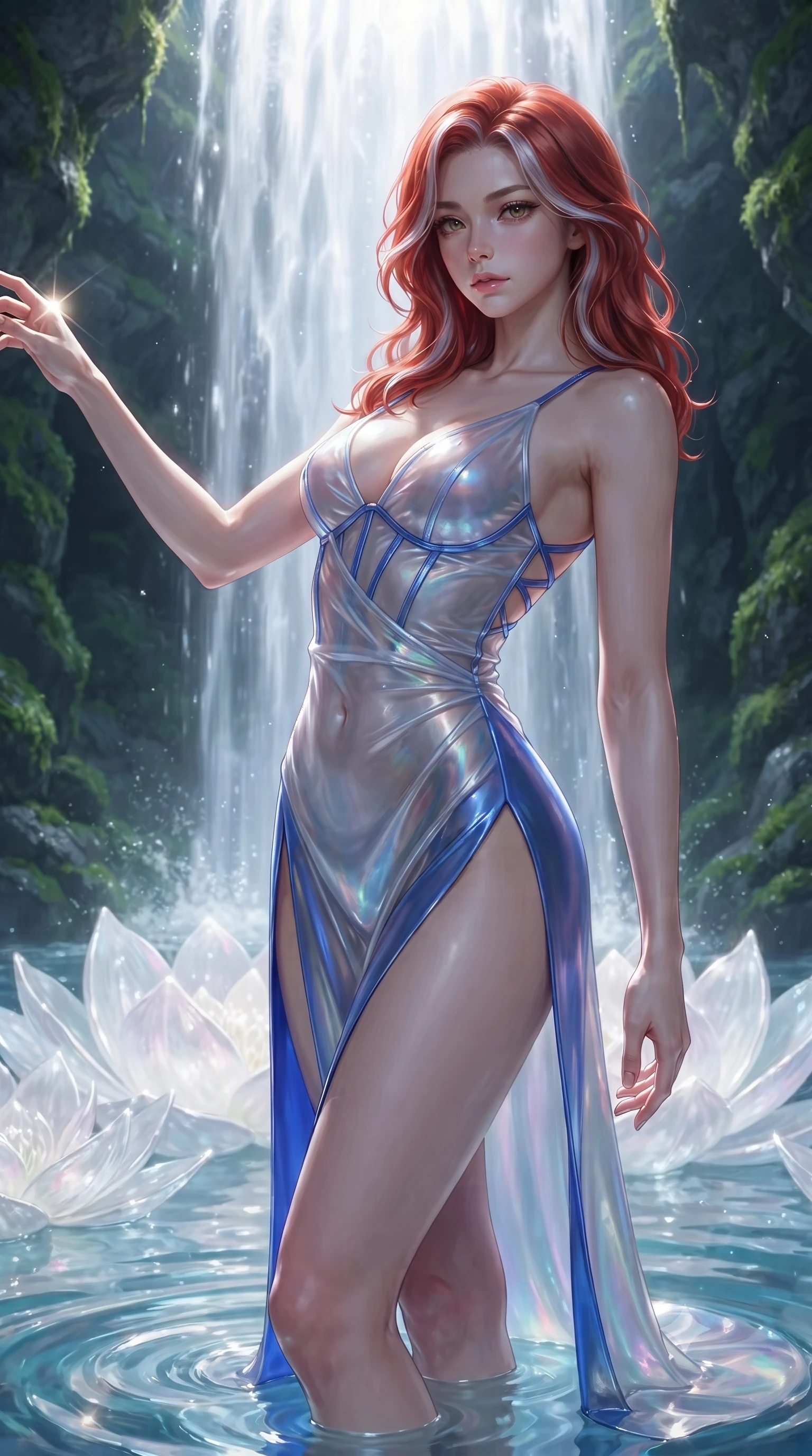 score_9, masterpiece, best quality, ultra-detailed, high-budget anime keyframe, editorial fashion photography, tasteful artistic composition, Caucasian woman. close-up cowboy shot from the waist and thighs up, the character dominates the composition, filling the frame with her large presence. extending one arm gracefully toward the light while her torso arches in a sleek, alluring curve with magnetic intensity while standing beneath a cascading waterfall of luminous white water on a submerged pearl-white crystal dais under moonlight. The surrounding environment is rendered in vivid detail and crisp panoramic clarity. intricate pearl lotus petal textures, crystal-clear water pool ripples, and mossy grotto walls in deep focus. She has an exceptionally elegant, slender, and willowy female figure with an ultra-slim waist, a gracefully sculpted slender torso, toned flat midriff, and a refined slim silhouette. sharp v-shaped jawline, high-bridge nose, intricate jewel-like eyes with depth, thick eyelashes, glossy lips with a natural sheen, flawlessly proportioned anatomical accuracy, strict slender model proportions, natural body alignment, perfectly sculpted long slender limbs, ultra-slim waistline, clean dynamic posture without body distortion. wearing a translucent iridescent organza wrap dress with structured bustier boning, plunging neckline, and high-cut dual leg slits in liquid electric cobalt blue and polished silver, made of liquid metal jersey that clings flawlessly to every contour of her build, complemented by criss-cross back straps highlighting her completely bare spine, the form-contouring material adhering flawlessly to her sculpted flat midriff and slender torso, emphasizing her long leg lines and perfectly proportioned willowy build. surrounded by a sacred, pristine, and intensely seductive moon-sanctuary atmosphere. ultra-reflective glossy finish, specular highlights, metallic sheen, high-contrast stereoscopic depth, volumetric dynamic lighting, 2k, ultra detail, master piece, 9:16 ratio