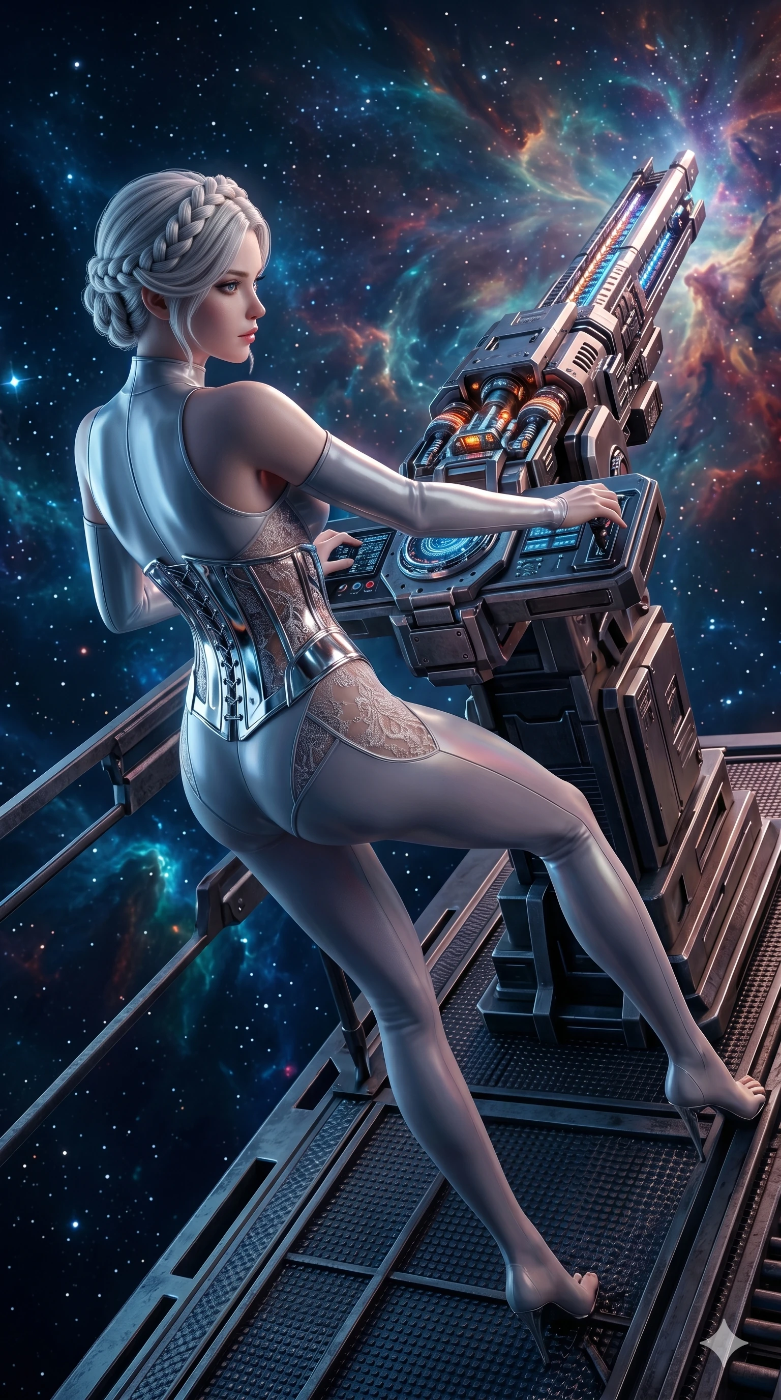 score_9, masterpiece, best quality, ultra-detailed, photorealistic 8k CG, hyper-detailed textures, ray-tracing, Japanese woman. Dynamic full-body shot stretching the vertical silhouette with extreme perspective. operating a massive railgun overlooking a nebula in deep space. She has an absolutely perfect 8-heads proportion, an exceptionally tall and slender female figure with graceful and slender proportions. strictly human anatomy, two legs only, no extra limbs, clearly defined legs and arms, perfect anatomy, perfect hands and fingers. sharp v-shaped jawline, high-bridge nose, intricate jewel-like eyes, thick eyelashes, glossy lips. Wearing Cyber-Tech Legacy: Asymmetrical sleek tech-bodysuit with detached sleeves and chrome-plated corset over sheer lace. The scene is illuminated by dramatic atmospheric lighting and vibrant color palettes. , 2k, ultra detail, master piece, 9:16 ratio