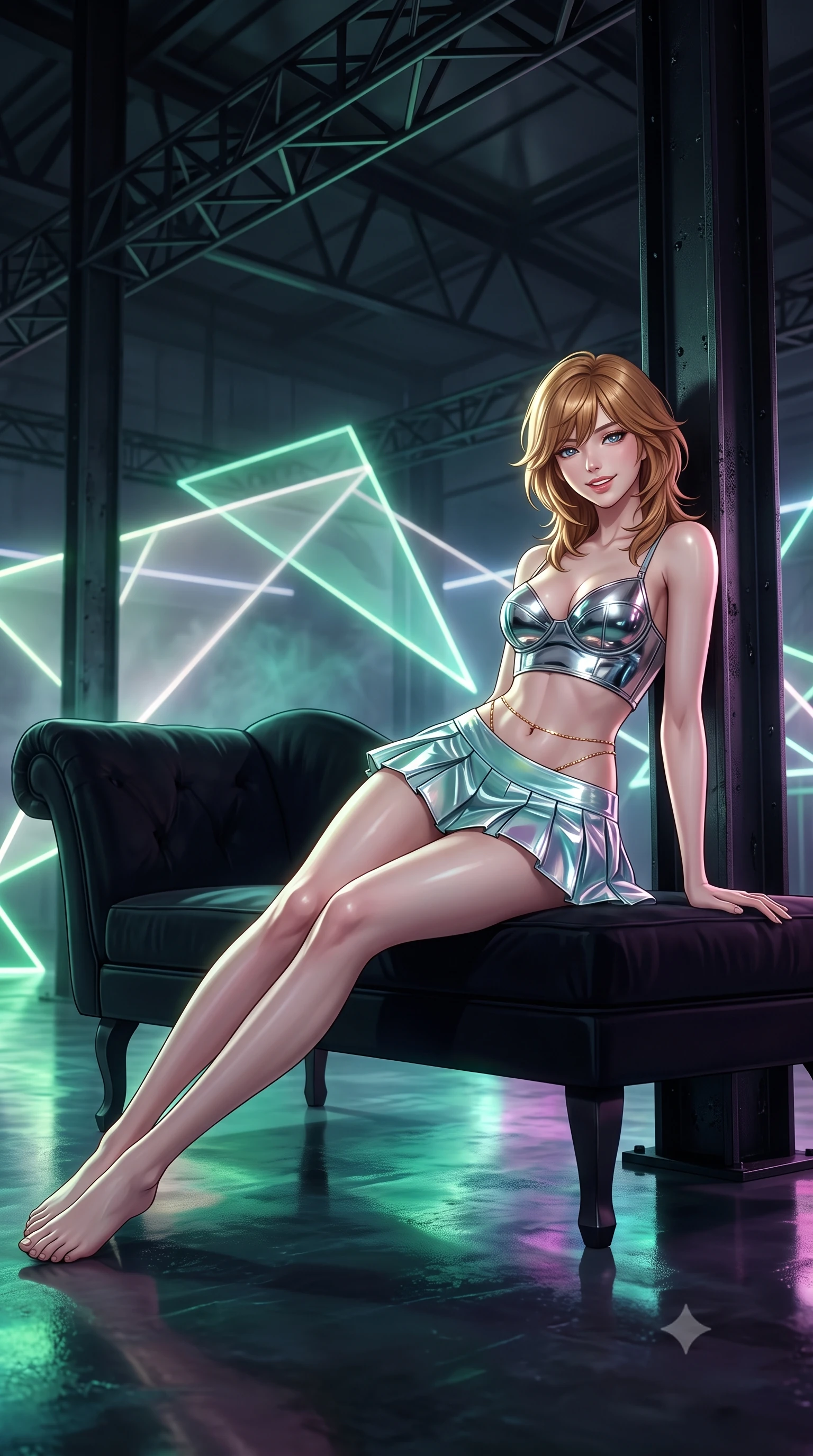 score_9, masterpiece, best quality, ultra-detailed, high-budget anime keyframe, editorial fashion photography, tasteful artistic composition, Korean woman. low angle full-body shot from head to toe showing her feet, filling the entire 9:16 vertical frame with her statuesque presence, stretching her vertical silhouette. reclining gracefully across the plush chaise lounge with one leg extended, her sculpted silhouette and flat midriff radiating magnetic nocturnal glamour while leaning against the raw steel support column with hips cocked back, looking through geometric laser projections with intoxicating bedroom-eyes. The surrounding environment is rendered in vivid detail and crisp panoramic clarity: sharp black matte steel trusses, mirror-polished industrial epoxy floor reflections, and crisp laser projection lines in deep focus. She has an exceptionally tall and slender model-like 8.5-heads proportion, an ultra-slim waist, a flat toned midriff, narrow delicate ribcage, and beautifully sculpted feminine hips creating a graceful, slim hourglass silhouette without any bulky heaviness, with impossibly long slender legs. sharp v-shaped jawline, high-bridge nose, intricate jewel-like sparkling eyes with depth, thick eyelashes, glossy parted lips with a natural peach sheen, bright cheerful beaming smile with an enchanting and coquettish sensual glint, exuding both youthful cute charm and seductive allure, flawlessly proportioned anatomical accuracy, strict slender model proportions, natural body alignment, perfectly sculpted long slender limbs, ultra-slim waistline, clean dynamic posture without body distortion. wearing a chrome-plated structured underwire bustier top paired with an ultra-short low-rise pleated micro mini skirt in polar aurora jade and starlight platinum, tailored from high-gloss patent leather with mirror-like specular highlights, accented with a dainty gold belly chain resting across her flat midriff and curving hips, the form-contouring silhouette accentuating her sculpted flat midriff, narrow delicate ribcage, and gracefully curvy hips with intoxicating allure. illuminated by epoxy floor reflection bounce and sharp platinum rim lights sculpting her jawline, narrow waist, and curvy hips. ultra-reflective glossy finish, specular highlights, rich textural contrasts, high-contrast stereoscopic depth, volumetric dynamic lighting, 2k, ultra detail, master piece, 9:16 ratio
