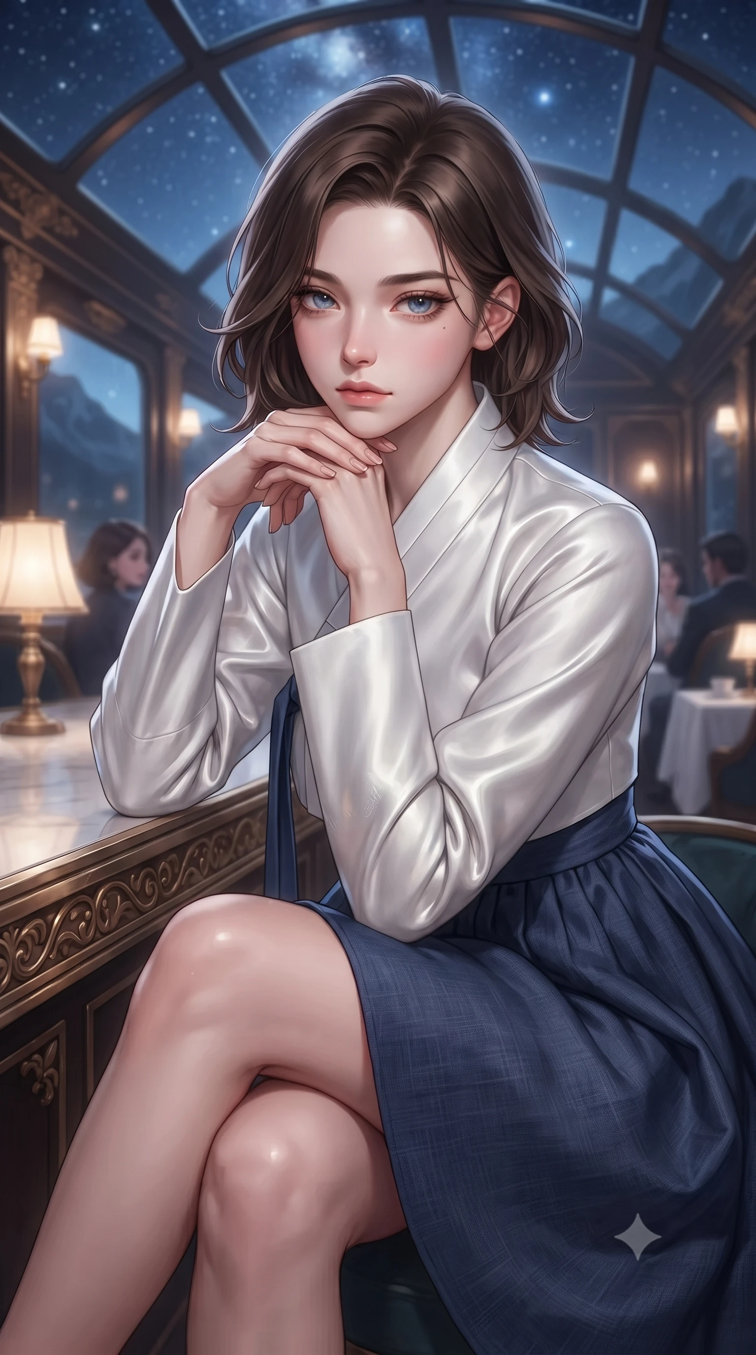 score_9, masterpiece, best quality, ultra-detailed, high-budget anime keyframe, editorial fashion photography, tasteful artistic composition, Korean woman. close-up cowboy shot from the waist and thighs up, the character dominates the composition, filling the frame with her large presence, background elements kept in soft focus. resting her chin on the backs of her fingers, casting a heavy-lidded, sultry look past the camera the background shows a soft-focus a scenic train bar lounge with glass ceilings showing stars and mountain outlines. She has an exceptionally elegant, slender, and willowy female figure with an ultra-slim waist, a gracefully sculpted slender torso, and a refined silhouette. sharp v-shaped jawline, high-bridge nose, intricate jewel-like eyes with depth, thick eyelashes, glossy lips with a natural sheen. wearing a tailored modern fusion hanbok dress with a navy blue linen skirt and a high-neck white silk jeogori wrapper. soft silver moonlight wrapping her silhouette in a cool cosmic glow. ultra-reflective glossy finish, specular highlights, metallic sheen, high-contrast stereoscopic depth, volumetric dynamic lighting, 2k, ultra detail, master piece, 9:16 ratio