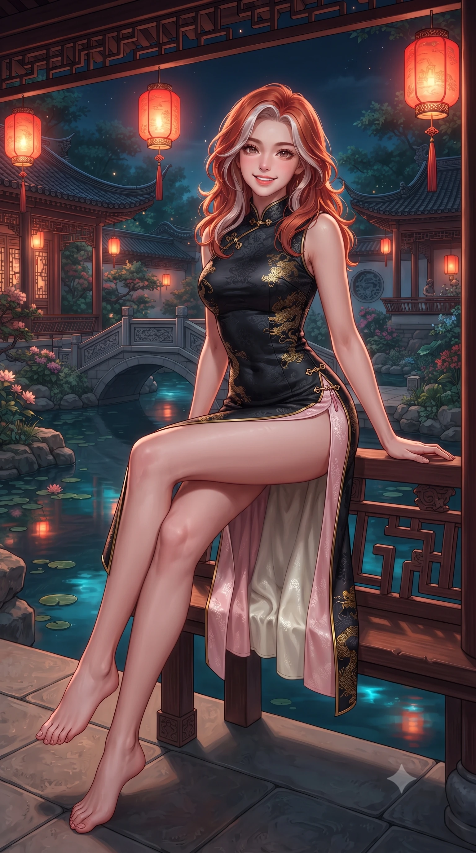 score_9, masterpiece, best quality, ultra-detailed, high-budget anime keyframe, editorial fashion photography, tasteful artistic composition, Caucasian woman. low angle full-body shot from head to toe showing her feet, filling the entire 9:16 vertical frame with her statuesque presence, stretching her vertical silhouette. sitting perched on the elevated pavilion terrace edge with legs crossed and hips angled toward the camera, displaying her toned midriff and long slender limbs with joyful, coquettish charm while lounging gracefully on a carved teak bridge bench with legs crossed, her modern high-slit qipao commanding the tranquil water garden. The surrounding environment is rendered in vivid detail and crisp panoramic clarity: detailed jacquard silk dress sheen, gold dragon embroidery glints, and classical Chinese garden architecture in high resolution. She has an absolutely perfect, statuesque 8.5-heads proportion, an exceptionally tall and slender model-like female figure with impossibly long slender legs, an ultra-slim waist, a flat toned midriff, narrow delicate ribcage, and beautifully sculpted feminine hips creating a graceful, slim hourglass silhouette without any bulky heaviness. sharp v-shaped jawline, high-bridge nose, intricate jewel-like dark sparkling almond eyes with depth, thick lashes, glossy parted lips with a natural rose-plum sheen, bright alluring and coquettish smile with bedroom-eyes, exuding both timeless oriental elegance and sovereign high-fashion allure, flawlessly proportioned anatomical accuracy, strict slender model proportions, natural body alignment, perfectly sculpted long slender limbs, ultra-slim waistline, clean dynamic posture without body distortion. wearing a form-contouring high-neck modern cheongsam mini dress in midnight black jacquard silk with daring double side hip slits in soft cherry blossom pink and pearlescent ivory, made of supple second-skin stretch silk jersey clinging flawlessly to her form, finished with sharp laser-cut side hip slits framed by gold piping, the glove-like silhouette tightly following the natural contour of her hips and long slender legs with youthful 8.5-heads elegance. bathed in vibrant red lantern warmth and cool electric cyan water reflections. ultra-reflective glossy finish, specular highlights, rich textural contrasts, high-contrast stereoscopic depth, volumetric dynamic lighting, 2k, ultra detail, master piece, 9:16 ratio