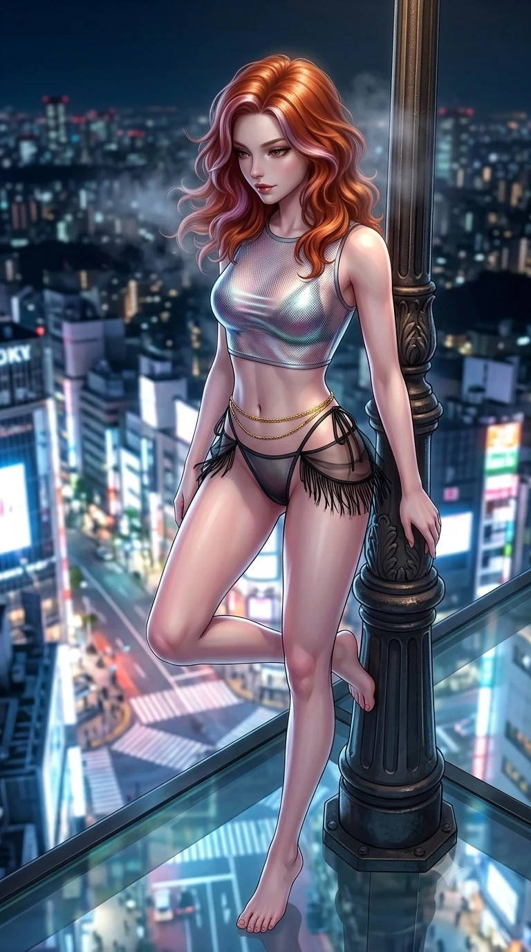 score_9, masterpiece, best quality, ultra-detailed, high-budget anime keyframe, semi-realistic 3D game render, editorial fashion photography, tasteful artistic composition, Caucasian woman. close-up cowboy shot from the waist and thighs up, the character dominates the composition, filling the frame with her large presence. leaning against a historic cast-iron lamppost with one knee bent, night mist drifting through her hair as her dark outfit traces her feminine curves while standing poised on the cantilevered glass floor edge, looking down through transparent flooring at the glowing crossing hundreds of feet below with siren poise. The background shows a soft-focus epic Tokyo skyline panoramic overlook softened in high-altitude shallow focus. She has an exceptionally elegant, slender, and willowy female figure with an ultra-slim waist, flat toned midriff, narrow ribcage, and sculpted feminine hips creating an alluring, slim hourglass silhouette without bulk. sharp v-shaped jawline, high-bridge nose, intricate jewel-like dark sparkling eyes with dangerous depth, thick curled eyelashes, glossy parted lips with a rich wine sheen, smoldering seductive half-smile with bedroom-eyes, exuding effortless superiority and intoxicating dark allure, flawlessly proportioned anatomical accuracy, strict slender model proportions, natural body alignment, perfectly sculpted long slender limbs, ultra-slim waistline, clean dynamic posture without body distortion. wearing a translucent iridescent mesh swim crop top paired with high-cut string bikini bottoms and gold waist chains in metallic liquid silver and pitch black, crafted from layered gossamer black organza with weightless, smoky flutter, finished with delicate jet-black micro-fringe fluttering softly along her hips with each step, the impeccably tailored cut draping gracefully along her slender figure with aristocratic noir poise. bathed in the blinding, radiant glow of a hundred giant LED screens washing upward from the street level. highly saturated vibrant anime colors, detailed shading with soft gradients, rich glossy textures, high-contrast stereoscopic depth, volumetric dynamic lighting, master piece, 9:16 ratio