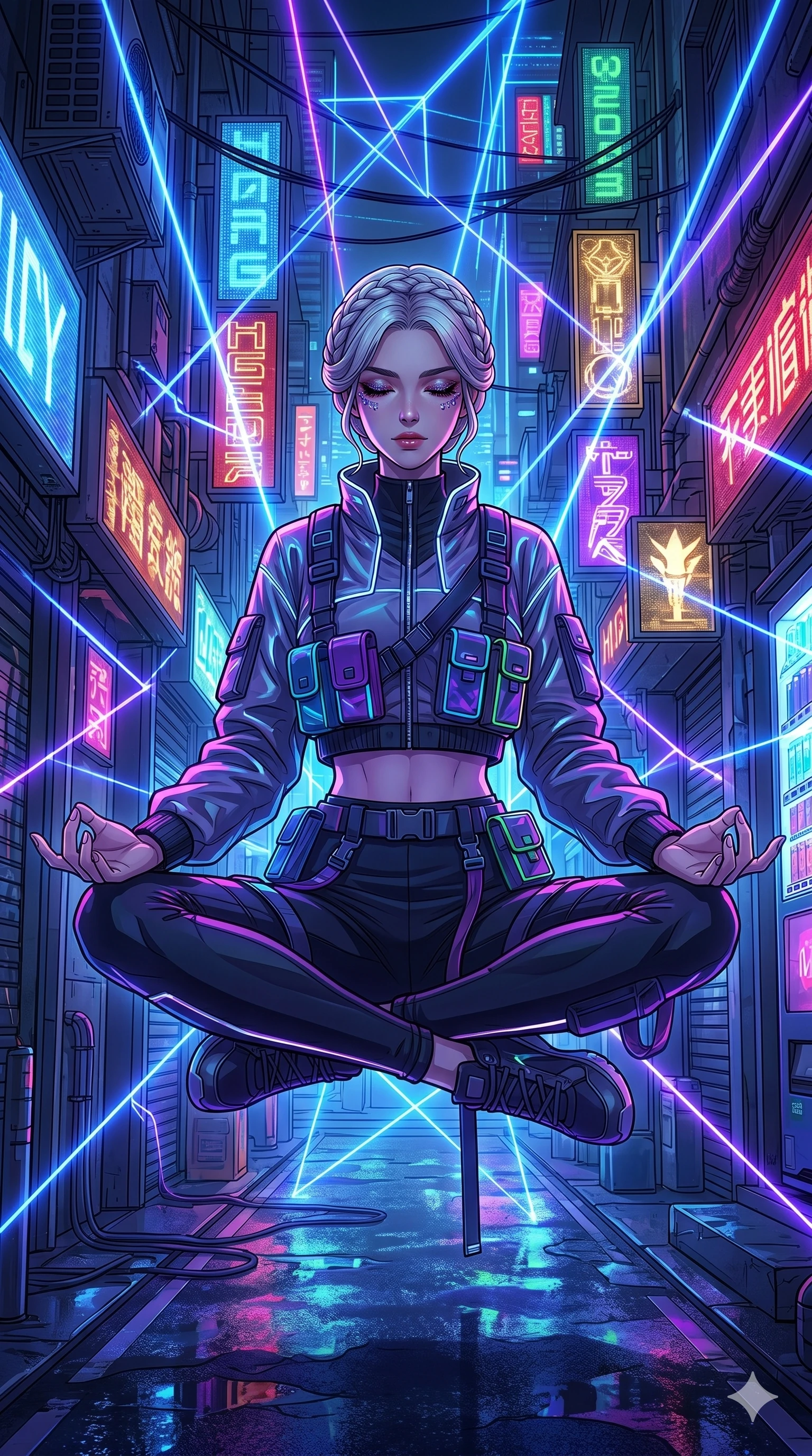 score_9, masterpiece, best quality, ultra-detailed, high-budget anime movie keyframe, cinematic anime lighting, intricate line art, Korean woman. Dynamic full-body shot stretching the vertical silhouette across the 9:16 frame. meditating peacefully in a neon-lit cyberpunk alleyway with lightning lasers. She has an absolutely perfect 8-heads proportion, an exceptionally tall and slender female figure with an ultra-slim waist and impossibly long slender legs. sharp v-shaped jawline, high-bridge nose, intricate jewel-like eyes, thick eyelashes, glossy lips. Wearing modern urban tech-wear ensemble with a cropped reflective bomber jacket, ultra-slim high-waisted cargo leggings, and tactical harness with neon-lit pouches. The scene is illuminated by dramatic atmospheric lighting and vibrant color palettes. , 2k, ultra detail, master piece, 9:16 ratio