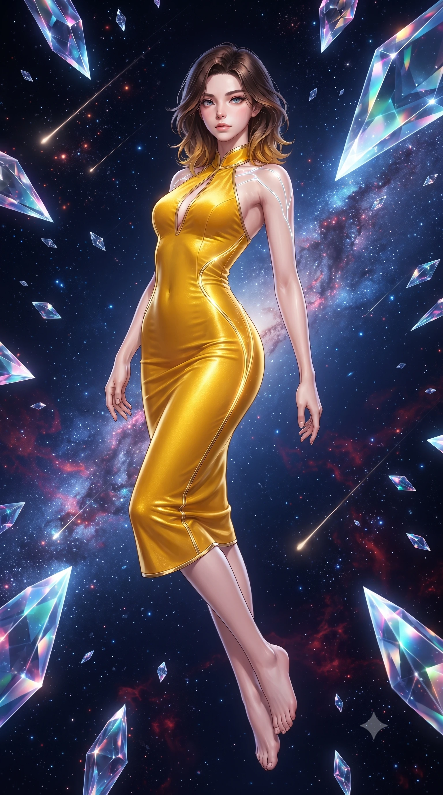 score_9, masterpiece, best quality, ultra-detailed, high-budget anime keyframe, editorial fashion photography, tasteful artistic composition, Korean woman. low angle full-body shot from head to toe showing her feet, filling the entire 9:16 vertical frame with her statuesque presence, stretching her vertical silhouette. arching her back in a fluid zero-gravity turn with sovereign grace, her long slender legs and sculpted torso creating a sweeping line while arching her spine in a fluid zero-gravity turn as cosmic stardust and diamond reflections outline her sculpted torso. The surrounding environment is rendered in vivid detail and crisp panoramic clarity. razor-sharp diamond crystal facet edges, glowing galactic arm filaments, and shooting star trails in deep focus. She has an absolutely perfect, statuesque 8.5-heads proportion, an exceptionally tall and slender model-like female figure with impossibly long slender legs, a toned flat midriff, and an ultra-slim waist. sharp v-shaped jawline, high-bridge nose, intricate jewel-like eyes with depth, thick eyelashes, glossy lips with a natural sheen, flawlessly proportioned anatomical accuracy, strict slender model proportions, natural body alignment, perfectly sculpted long slender limbs, ultra-slim waistline, clean dynamic posture without body distortion. wearing a velvet halter-neck midi dress fitting her statuesque contour flawlessly with a Tasteful chest slit and open spine in vibrant sunburst canary yellow and gold trim, made of liquid metal jersey that clings flawlessly to every contour of her build, accented with glowing fiber-optic seams tracing her collarbones and hip curves, the glove-like aerodynamic second-skin fit tightly clinging to her ultra-slender waist and athletic curves without adding bulk, accentuating her razor-sharp statuesque lines and slim hourglass silhouette. surrounded by an awe-inspiring, divine, and radiantly sensual cosmic goddess aura. ultra-reflective glossy finish, specular highlights, metallic sheen, high-contrast stereoscopic depth, volumetric dynamic lighting, 2k, ultra detail, master piece, 9:16 ratio