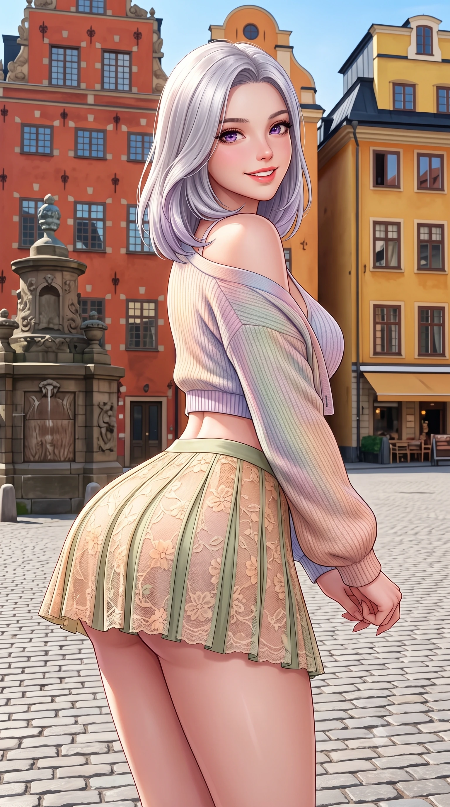 score_9, masterpiece, best quality, ultra-detailed, high-budget anime keyframe, semi-realistic 3D game render, editorial fashion photography, tasteful artistic composition, Caucasian woman. close-up cowboy shot from the waist and thighs up, the character dominates the composition, filling the frame with her large presence. leaning forward with playful cute grace while arching her lower back to accentuate her curvy hips, looking into the camera with a bright cheerful smile and alluring coquettish bedroom-eyes while standing in the historic cobblestone square in front of tall 17th-century terracotta and mustard merchant houses, arching her back with a radiant Nordic smile. The surrounding environment is rendered in vivid detail and crisp panoramic clarity. sharp medieval stucco wall textures, stone fountain carvings, and cobblestone pavement joints in deep focus. She has an exceptionally elegant, slender, and willowy female figure with an ultra-slim waist, flat toned midriff, narrow ribcage, and sculpted feminine hips creating an alluring, slim hourglass silhouette without bulk. sharp v-shaped jawline, high-bridge nose, intricate jewel-like sparkling eyes with depth, thick eyelashes, glossy parted lips with a natural peach sheen, bright cheerful beaming smile with an enchanting and coquettish sensual glint, exuding both youthful cute charm and seductive allure, flawlessly proportioned anatomical accuracy, strict slender model proportions, natural body alignment, perfectly sculpted long slender limbs, ultra-slim waistline, clean dynamic posture without body distortion. wearing a cropped pastel ribbed knit cardigan paired with an ultra-short high-waisted pleated tennis skirt clinging tightly to her curvy hips in soft apricot and sage green, made of sheer contouring stretch lace with delicate floral patterns, complemented by an oversized soft knit cardigan slipping off one bare shoulder, the liquid-tight tailored fabric clinging flawlessly to her narrow waist and rounded feminine hips, emphasizing every millimeter of her sculpted slim hourglass curves without any bulky heaviness. bathed in crisp, crystal-clear Nordic summer daylight washing across the colorful town square. highly saturated vibrant anime colors, detailed shading with soft gradients, rich glossy textures, high-contrast stereoscopic depth, volumetric dynamic lighting, master piece, 9:16 ratio