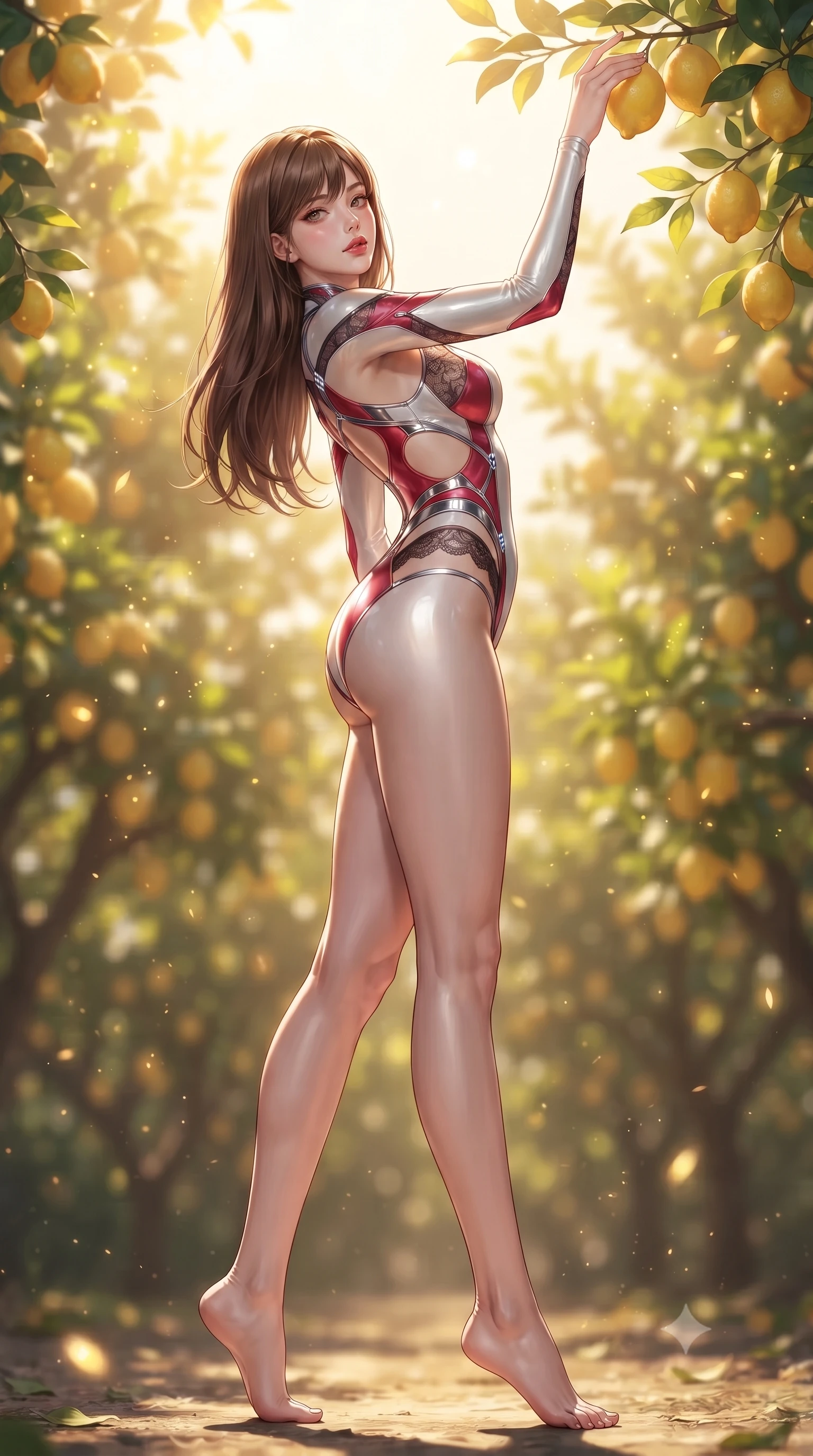 score_9, masterpiece, best quality, ultra-detailed, high-budget anime keyframe, editorial fashion photography, tasteful artistic composition, Korean woman. low angle full-body shot from head to toe showing her feet, filling the entire 9:16 vertical frame with her statuesque presence, stretching her vertical silhouette. arching her back in a fluid zero-gravity turn with sovereign grace, her long slender legs and sculpted torso creating a sweeping line while reaching one arm gracefully toward a sun-drenched lemon branch while looking over her shoulder with smoldering eyes. The composition keeps background elements in soft focus with creamy bokeh. warm afternoon sunlight filtering through citrus leaves scattering radiant light motes. She has an absolutely perfect, statuesque 8.5-heads proportion, an exceptionally tall and slender model-like female figure with impossibly long slender legs, a toned flat midriff, and an ultra-slim waist. sharp v-shaped jawline, high-bridge nose, intricate jewel-like eyes with depth, thick eyelashes, glossy lips with a natural sheen, flawlessly proportioned anatomical accuracy, strict slender model proportions, natural body alignment, perfectly sculpted long slender limbs, ultra-slim waistline, clean dynamic posture without body distortion. wearing a second-skin white liquid-mercury micro-bodysuit sculpted tightly to her slender build, featuring razor-thin metallic straps and hip cutouts in radiant crimson silk and crisp snow white, crafted from delicate dark lace interwoven with luminescent micro-fibers, reinforced by a sleek metallic chrome harness and delicate glowing micro-straps, the liquid-tight tailored fabric emphasizing every curve of her tall, slender model proportions and sculptured silhouette during dynamic movement. bathed in warm golden afternoon sunbeams filtering through citrus canopies. ultra-reflective glossy finish, specular highlights, metallic sheen, high-contrast stereoscopic depth, volumetric dynamic lighting, 2k, ultra detail, master piece, 9:16 ratio