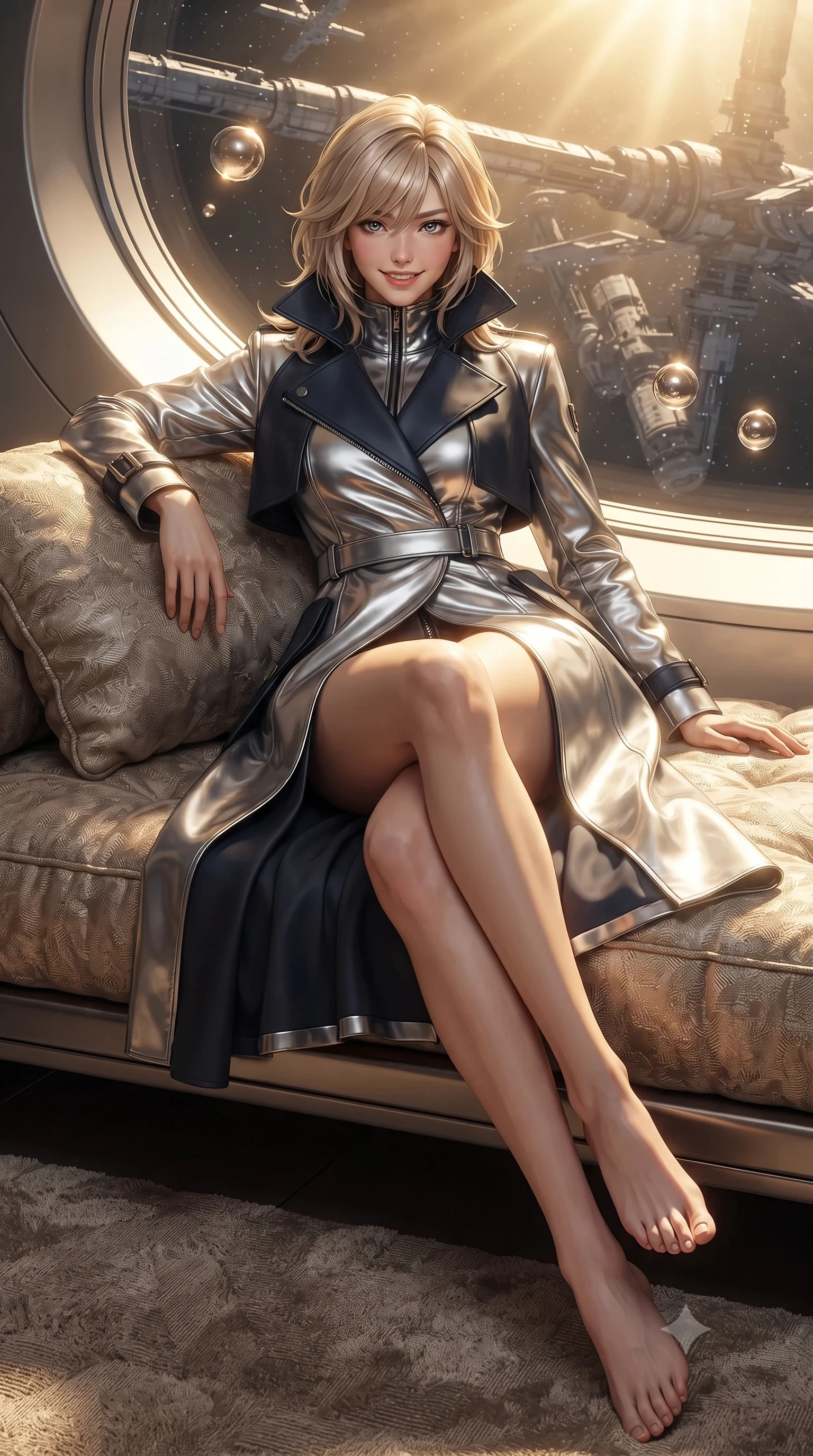 score_9, masterpiece, best quality, ultra-detailed, high-budget anime keyframe, editorial fashion photography, tasteful artistic composition, Japanese woman. low angle full-body shot from head to toe showing her feet, filling the entire 9:16 vertical frame with her statuesque presence, stretching her vertical silhouette. lounging on the lavish daybed with legs crossed and hips angled toward the camera, displaying her toned midriff and long slender limbs with effortless siren poise while leaning against the curved titanium observation sill with hips cocked back, watching floating zero-gravity liquid mercury spheres with smoldering bedroom-eyes. The surrounding environment is rendered in vivid detail and crisp panoramic clarity: detailed haute-couture texture, sleek metallic sheen, and colossal deep-space engineering in razor-sharp precision. She has an exceptionally tall and slender model-like 8.5-heads proportion, an ultra-slim waist, a flat toned midriff, narrow delicate ribcage, and beautifully sculpted feminine hips creating a graceful, slim hourglass silhouette without any bulky heaviness, with impossibly long slender legs. sharp v-shaped jawline, high-bridge nose, intricate jewel-like sparkling eyes with depth, thick eyelashes, glossy parted lips with a natural peach sheen, bright cheerful beaming smile with an enchanting and coquettish sensual glint, exuding both youthful cute charm and seductive allure, flawlessly proportioned anatomical accuracy, strict slender model proportions, natural body alignment, perfectly sculpted long slender limbs, ultra-slim waistline, clean dynamic posture without body distortion. wearing a tailored high-collar cyberpunk tech-trench coat with magnetic buckle closures and wide storm flaps in liquid mercury chrome and deep midnight obsidian, tailored from high-density tech-wool with subtle metallic thread weave, finished with sleek magnetic buckle closures fluttering in the breeze, the impeccably tailored cut draping gracefully along her slender figure with aristocratic poise. bathed in the blinding warm golden 4000K solar radiance filtered through polarizing quantum smart-glass. ultra-reflective glossy finish, specular highlights, rich textural contrasts, high-contrast stereoscopic depth, volumetric dynamic lighting, 2k, ultra detail, master piece, 9:16 ratio