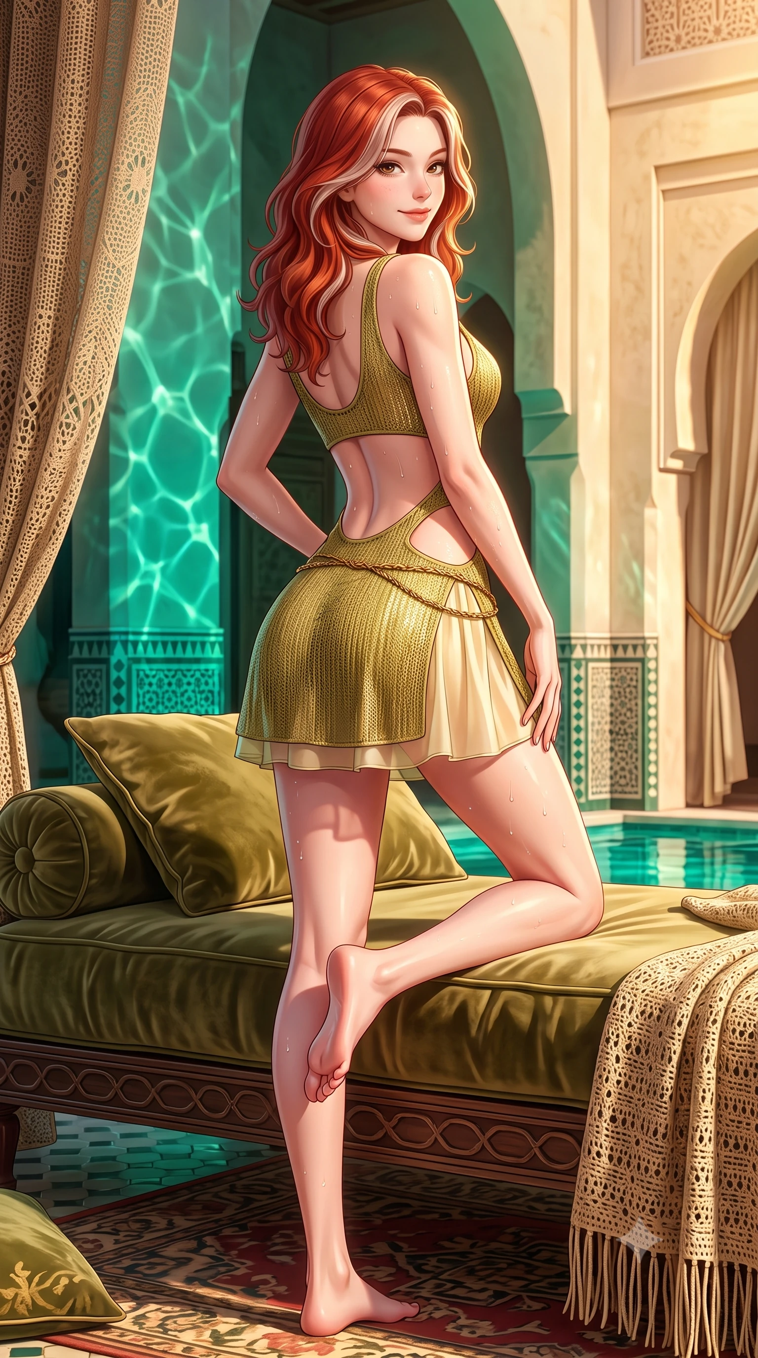 score_9, masterpiece, best quality, ultra-detailed, high-budget anime keyframe, semi-realistic 3D game render, editorial fashion photography, tasteful artistic composition, Caucasian woman. low angle full-body shot from head to toe showing her feet, filling the entire 9:16 vertical frame with her statuesque presence, stretching her vertical silhouette. posing with back turned slightly to the lens, glancing back with an enchanting, playful smile as she arches her lower back to emphasize her sculpted feminine hips and slender waist while lounging across an oversized velvet-cushioned daybed, one knee drawn up, displaying her long slender limbs and toned flat midriff with regal charm. The surrounding environment is rendered in vivid detail and crisp panoramic clarity. detailed resort crochet weave, water droplets on skin, and authentic Moroccan palace craftsmanship in high resolution. She has an exceptionally tall and slender model-like 8.5-heads proportion, an ultra-slim waist, a flat toned midriff, narrow delicate ribcage, and beautifully sculpted feminine hips creating a graceful, slim hourglass silhouette without any bulky heaviness, with impossibly long slender legs. sharp v-shaped jawline, high-bridge nose, sparkling amber-hazel eyes with depth, long lush eyelashes, glossy sun-kissed lips with a warm coral glaze, radiant teasing smile with sensual sunlit bedroom-eyes, exuding effortless old-money elegance and intoxicating sun-drenched allure, flawlessly proportioned anatomical accuracy, strict slender model proportions, natural body alignment, perfectly sculpted long slender limbs, ultra-slim waistline, clean dynamic posture without body distortion. wearing a cut-out golden metallic knit mini dress with open-waist architecture emphasizing her hourglass curves in matcha olive green and warm vanilla cream, woven from layered gossamer organza with weightless flutter, finished with a delicate gold snake chain belt resting loosely on her curvy hips, the precision-cut side openings and low-back scoop framing her graceful spine and the sensual sweep of her slim, sun-kissed hips. illuminated by emerald pool water caustic reflections and golden sunset rim light carving her razor-sharp jawline, narrow waist, and curvy hips. highly saturated vibrant anime colors, detailed shading with soft gradients, rich glossy textures, high-contrast stereoscopic depth, volumetric dynamic lighting, master piece, 9:16 ratio