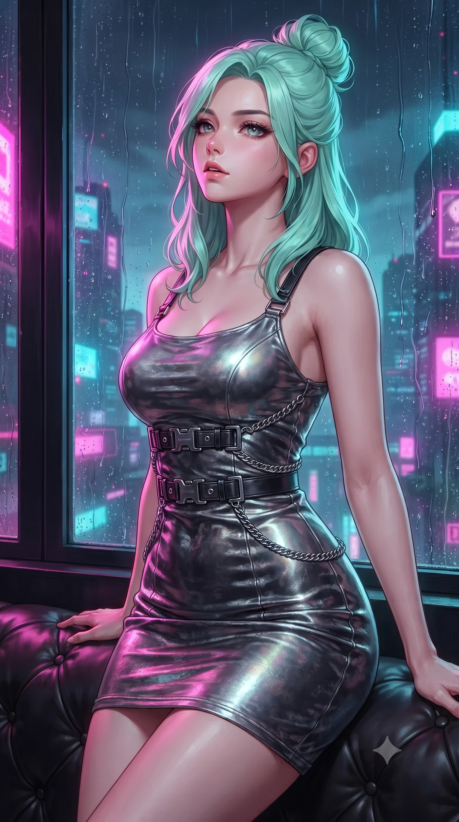 score_9, masterpiece, best quality, ultra-detailed, high-budget anime keyframe, editorial fashion photography, tasteful artistic composition, Japanese woman. close-up cowboy shot from the waist and thighs up, the character dominates the composition, filling the frame with her large presence, background elements kept in soft focus. Tilting her chin up slightly with lips parted in a composed, magnetic expression, poised near a rain-streaked panoramic window looking out over a neon metropolis, chic urban cyberpunk allure with intense visual presence. She has an exceptionally elegant, slender, and willowy female figure with an ultra-slim waist, a gracefully sculpted slender torso, and a refined silhouette. sharp v-shaped jawline, high-bridge nose, intricate jewel-like eyes with depth, thick eyelashes, glossy lips with a natural sheen. wearing aerodynamic second-skin dark silver metallic bodycon dress in pearl white, made of crushed dark silk velvet, framed by dark titanium buckles and silver chain details, highlighting her statuesque proportions and ultra-slim waistline. illuminated by vibrant magenta and cyan neon rim light against pitch-black leather. highly saturated vibrant anime colors, detailed shading with soft gradients, rich glossy textures, high-contrast stereoscopic depth, volumetric dynamic lighting, master piece, 9:16 ratio